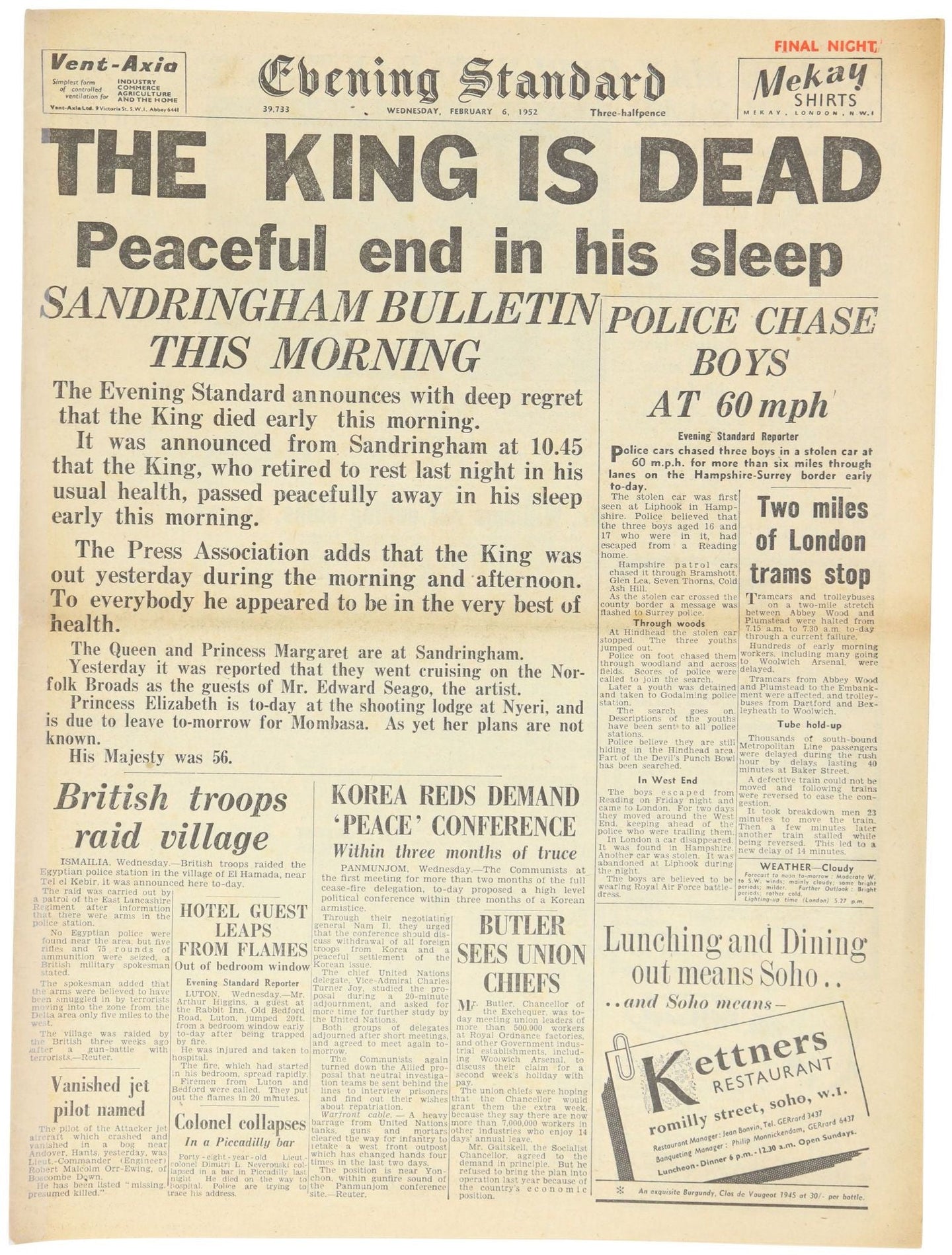 king george vi death newspaper