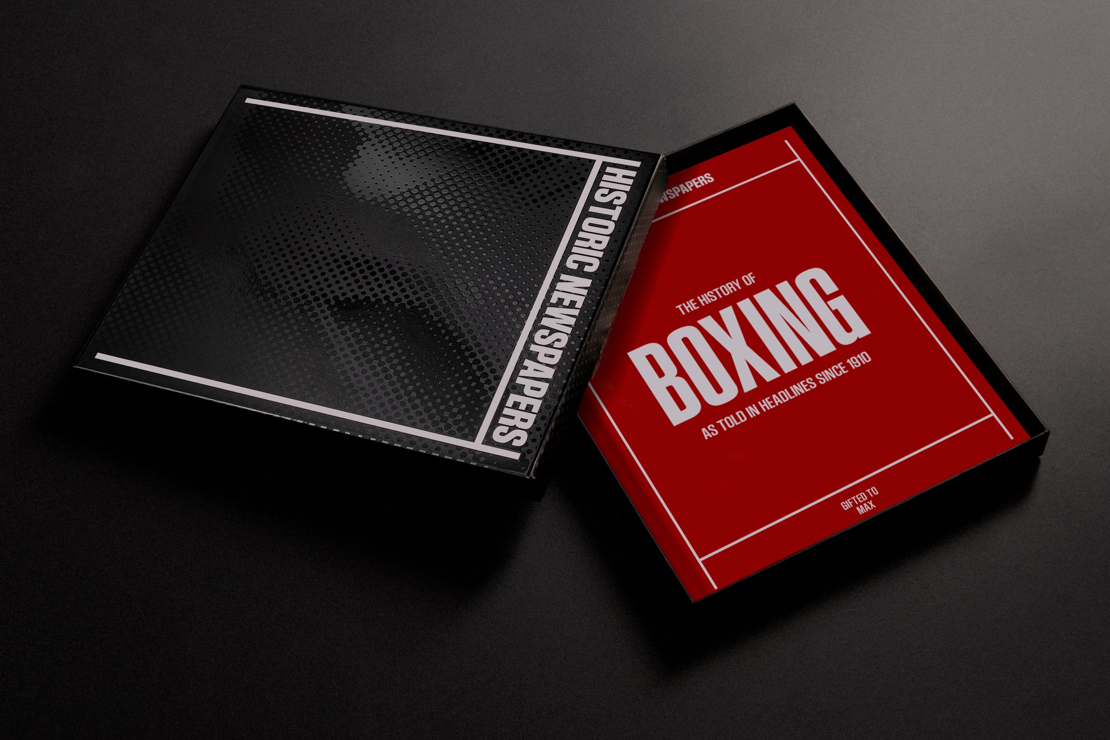 Add-on premium gift box from Historic Newspapers featuring historic boxing news clippings in a stylish presentation.