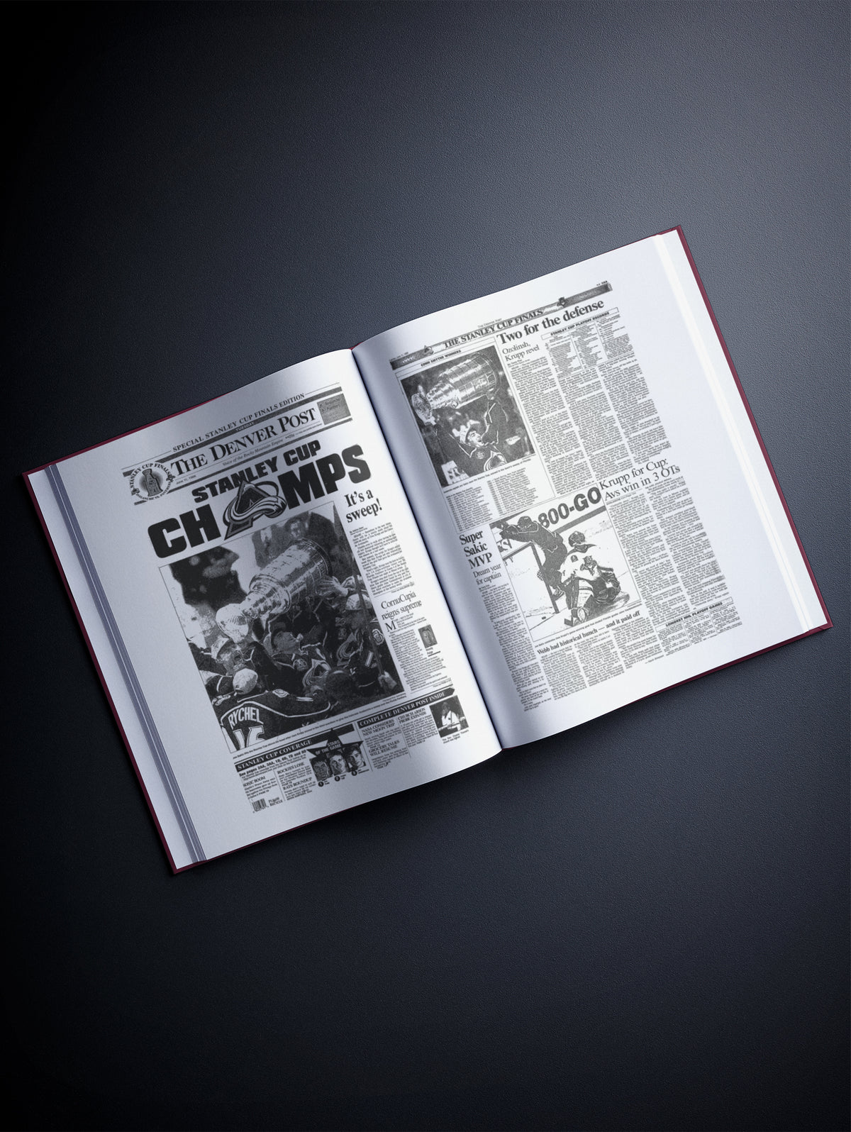 Colorado Avalanche hockey history book from Historic Newspapers featuring a burgundy cover and Denver Post edition.