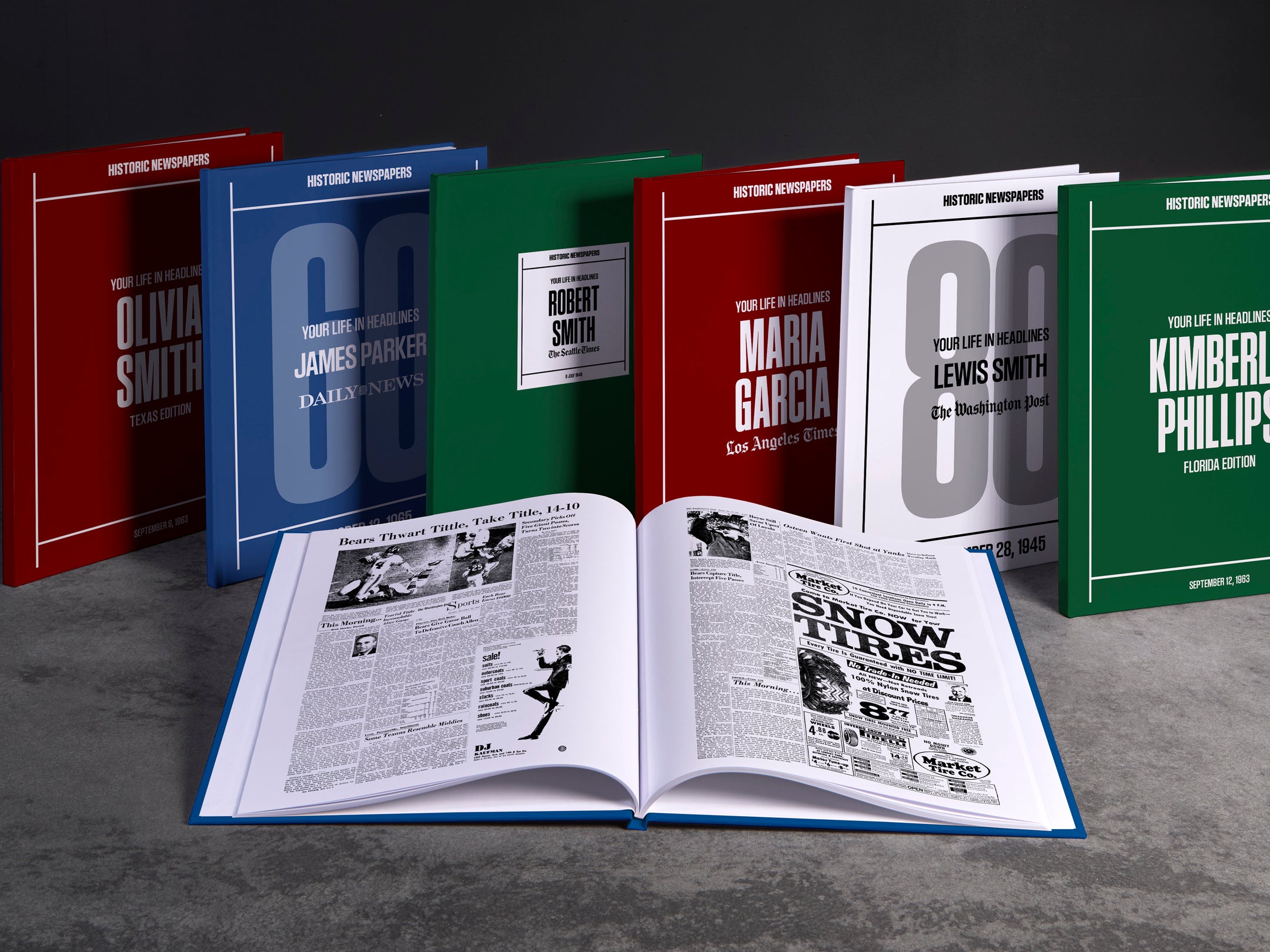 Personalised birthday newspaper book by Historic Newspapers featuring a collection of historic newspaper pages and custom date details.