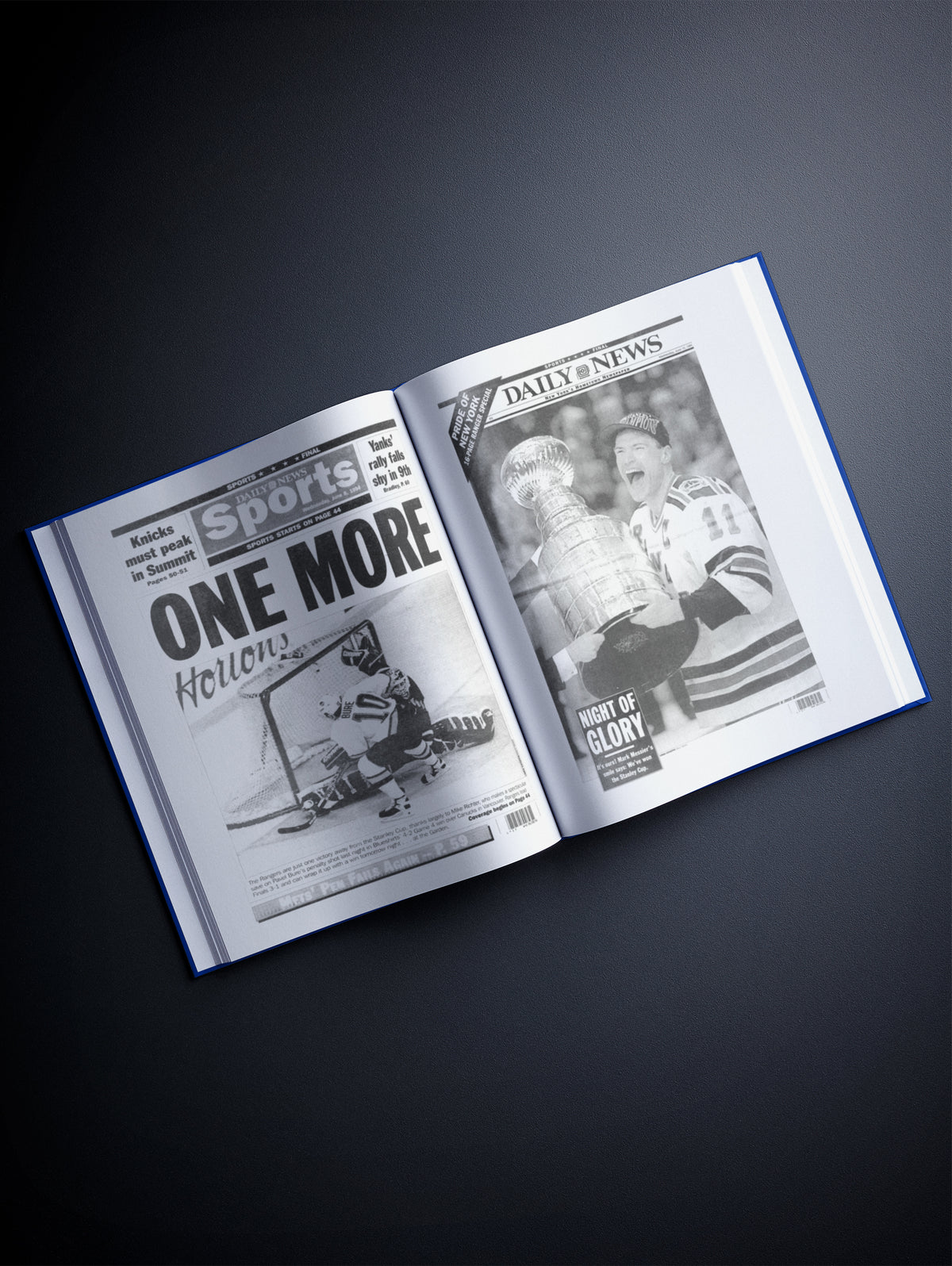 Close-up of the New York Rangers hockey history POD book cover by Historic Newspapers featuring a blue-themed design and hockey imagery.