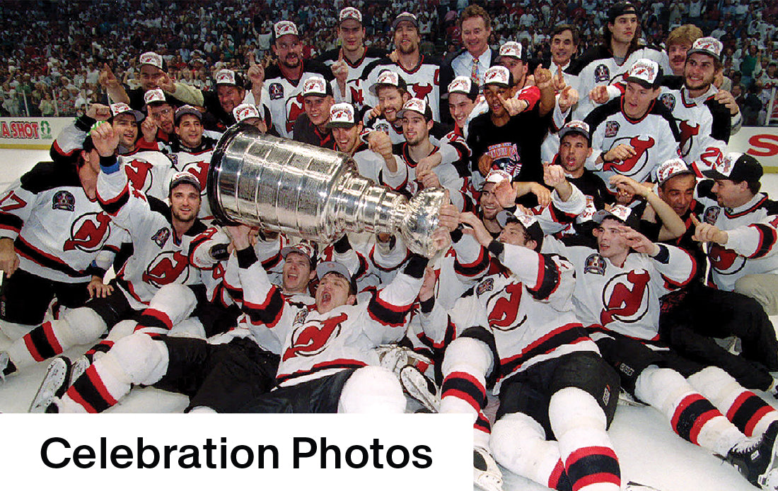 New Jersey Devils hockey celebration photo from Deluxe Content add-on by Historic Newspapers showing players and fans in team gear
