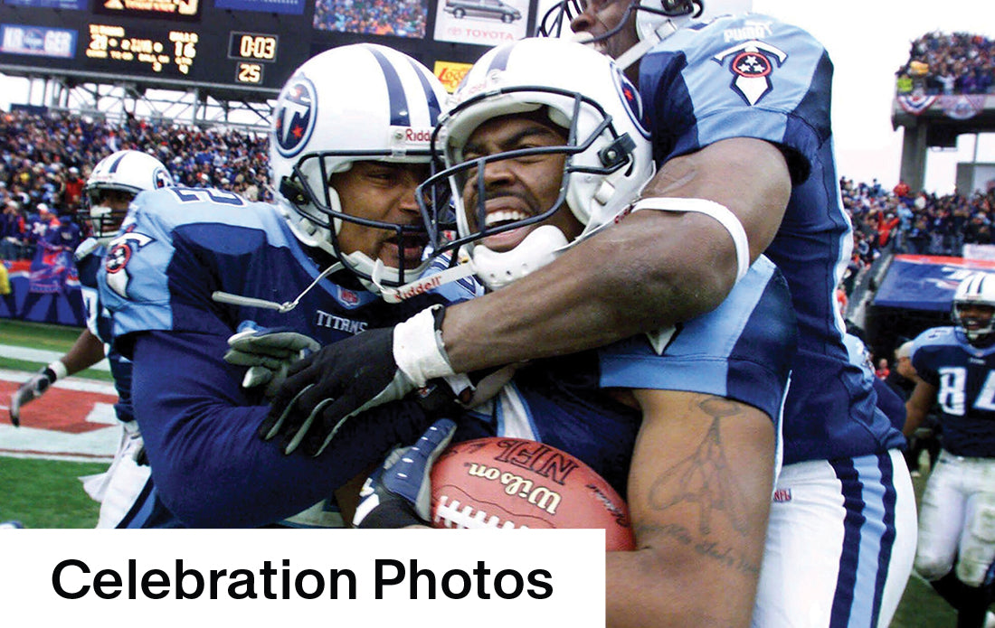 Tennessee Titans football celebration photo from Historic Newspapers deluxe add-on, featuring players in action during a game.