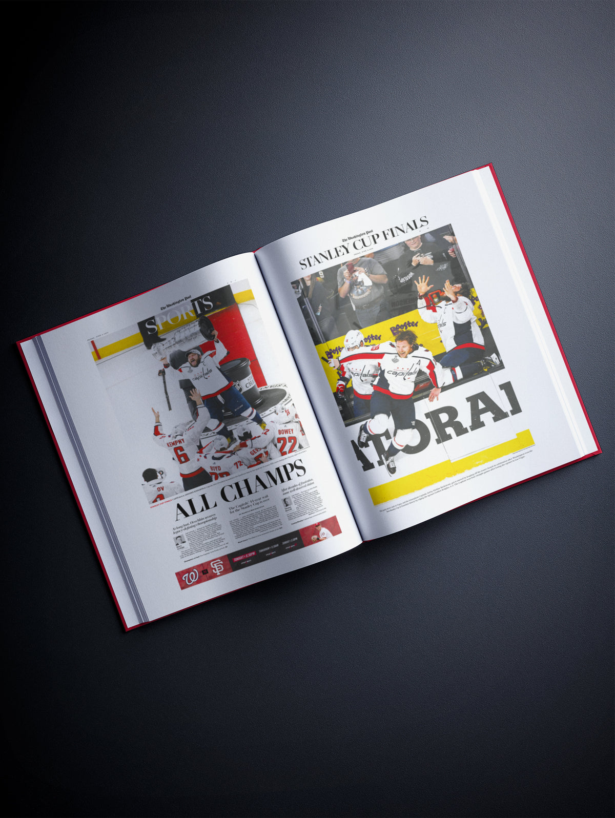 Red cover POD book titled "The Hockey History of Washington Capitals" by Historic Newspapers featuring Washington Capitals hockey team.