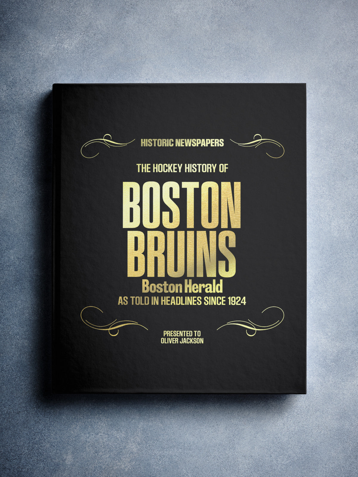 Boston Bruins hockey history POD book by Historic Newspapers, featuring a black foil cover with vintage Boston Herald editions.