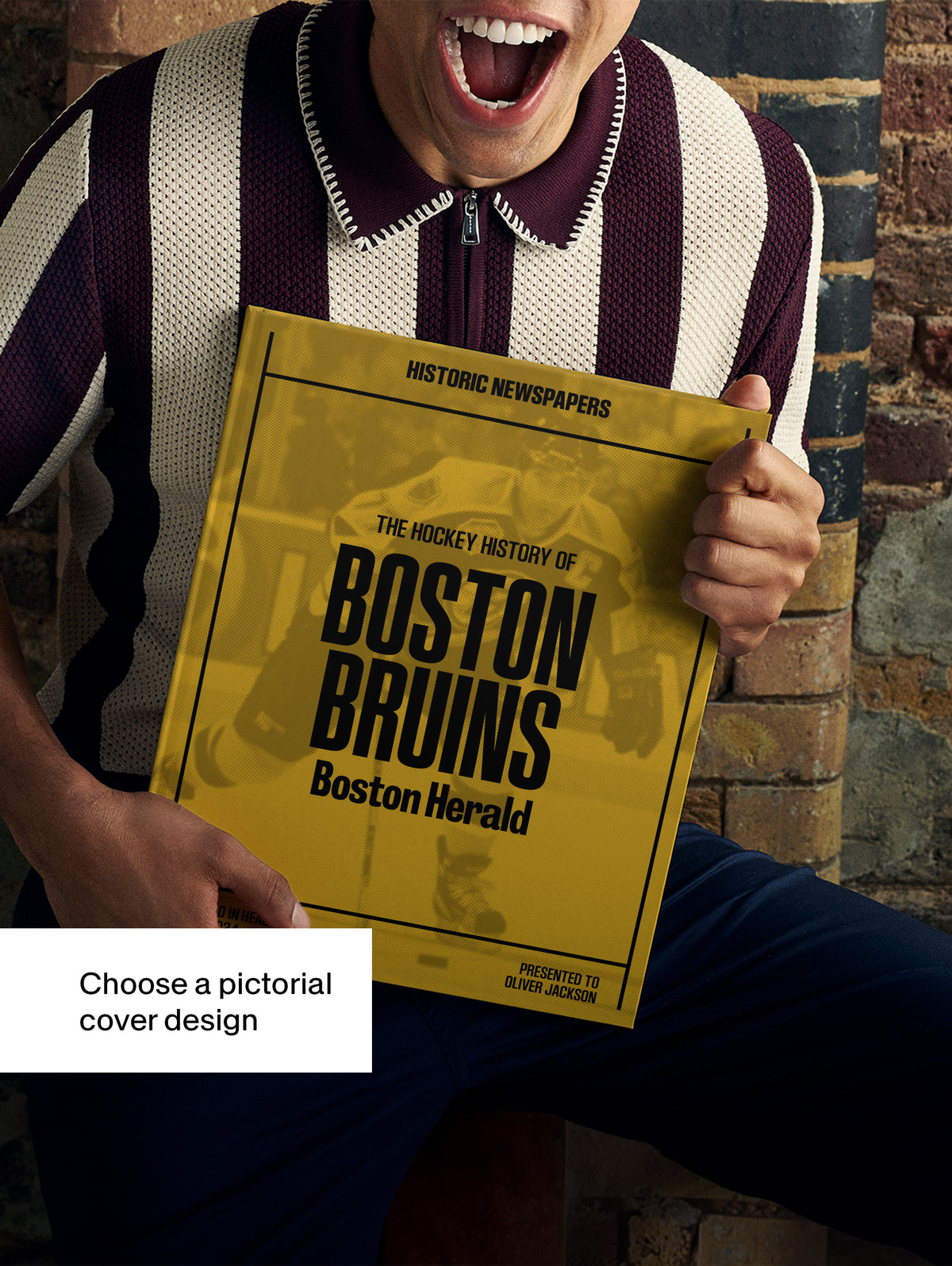 Historic Newspapers POD book titled "The Hockey History of Boston Bruins" featuring a yellow Boston Herald cover with hockey news.