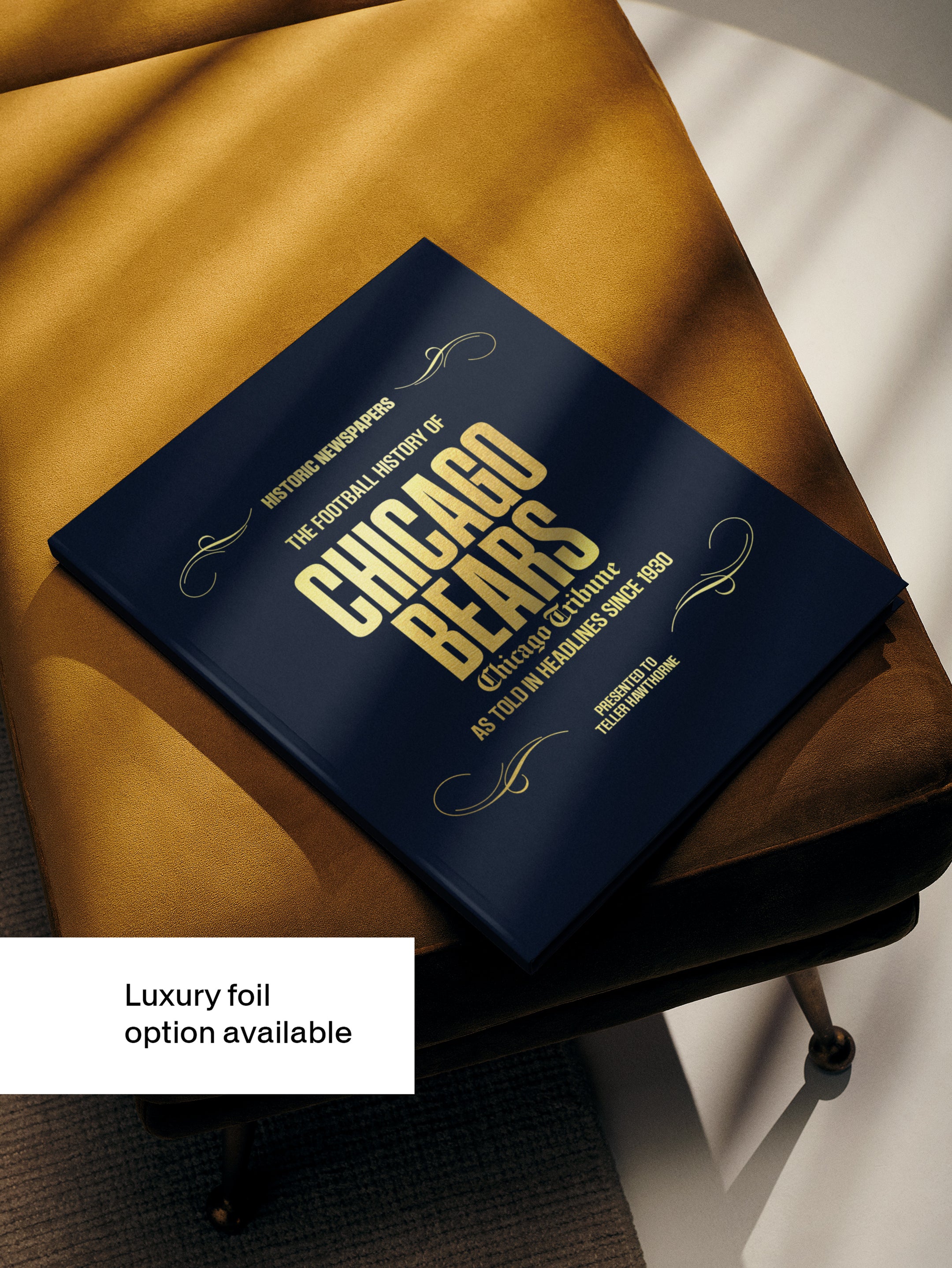 Chicago Bears US football history POD book by Historic Newspapers, featuring a midnight foil cover and Chicago Tribune edition design.