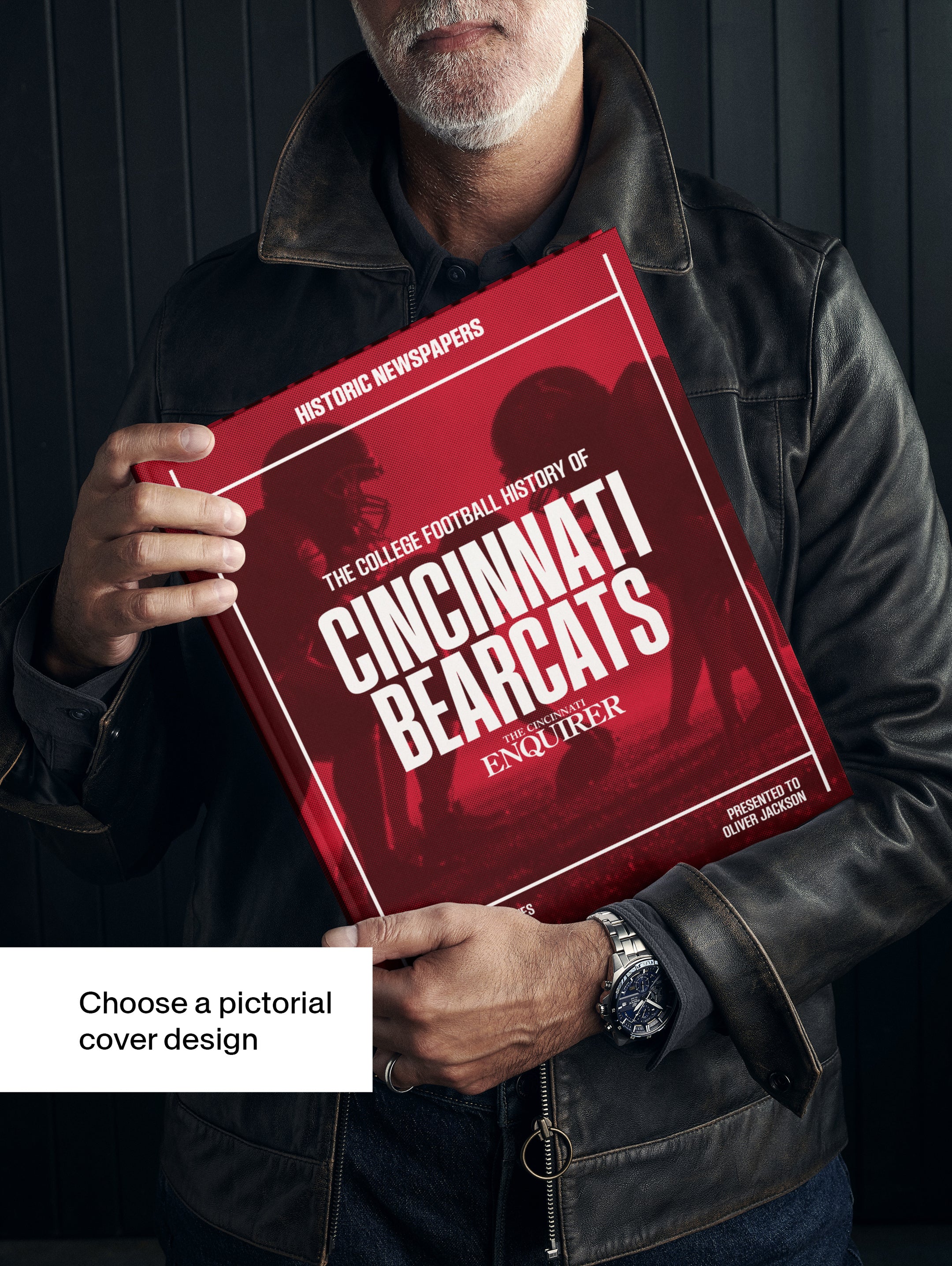 Historic Newspapers College Football POD book featuring Cincinnati Bearcats history with a red pictorial football newsstand display.
