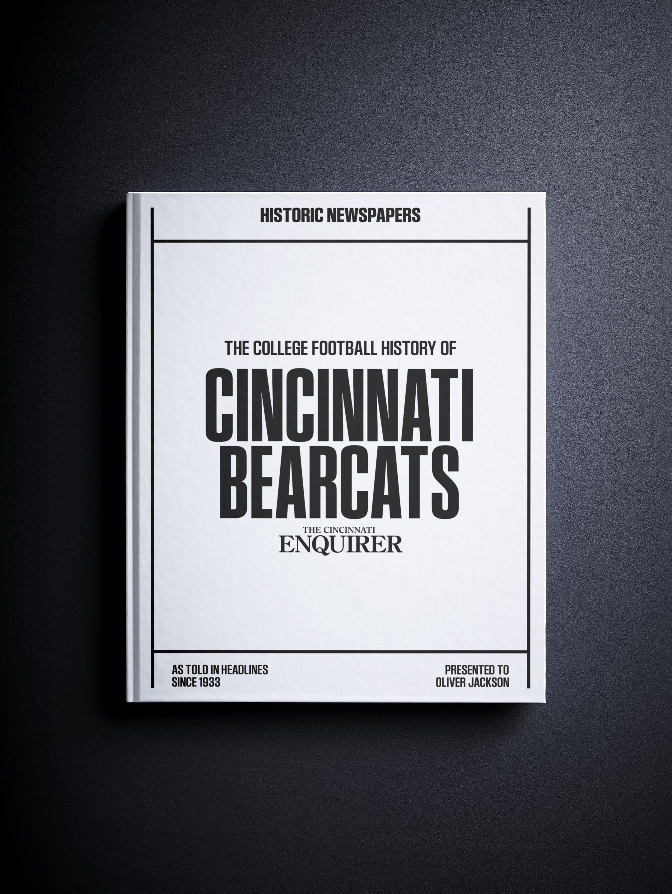 Historic Newspapers POD book titled "The College Football History of Cincinnati Bearcats" displayed on a white background.