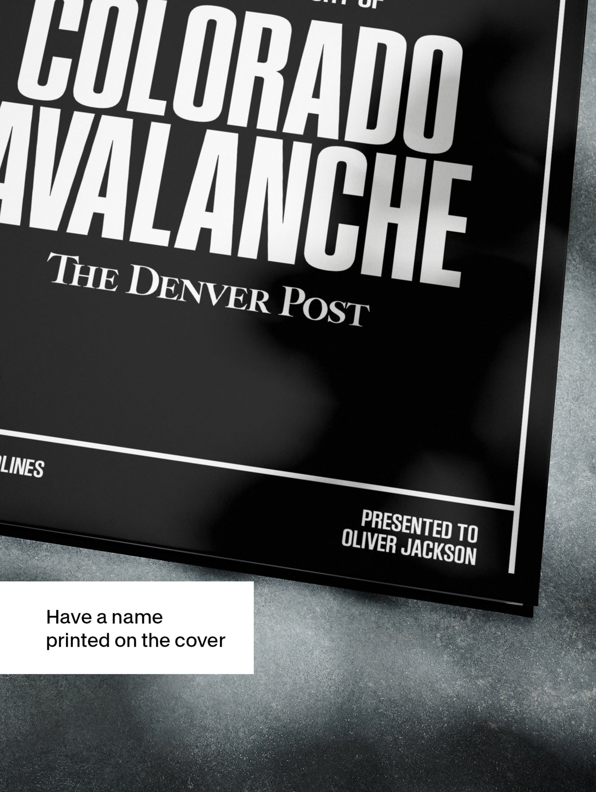 Black and white POD book cover of "The Hockey History of Colorado Avalanche" by Historic Newspapers, featuring vintage hockey imagery.
