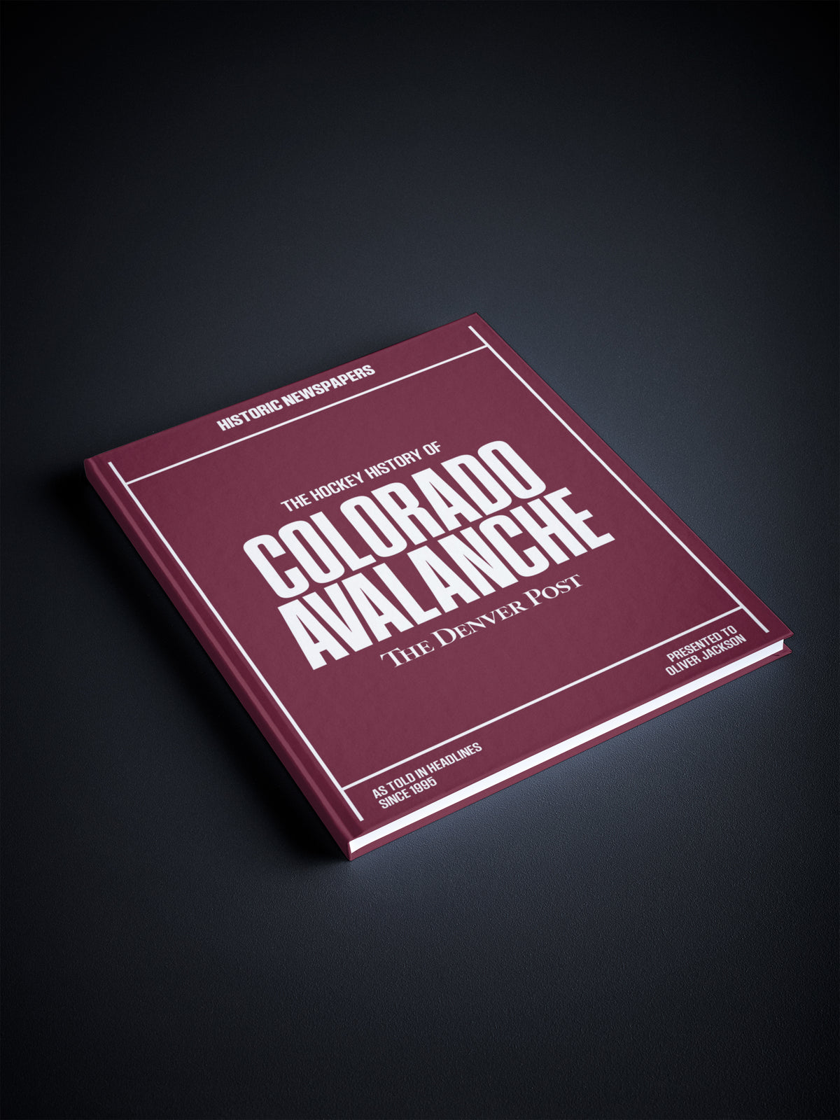 Historic Newspapers Colorado Avalanche hockey history POD book cover in burgundy with newspaper design elements, celebrating Denver hockey.