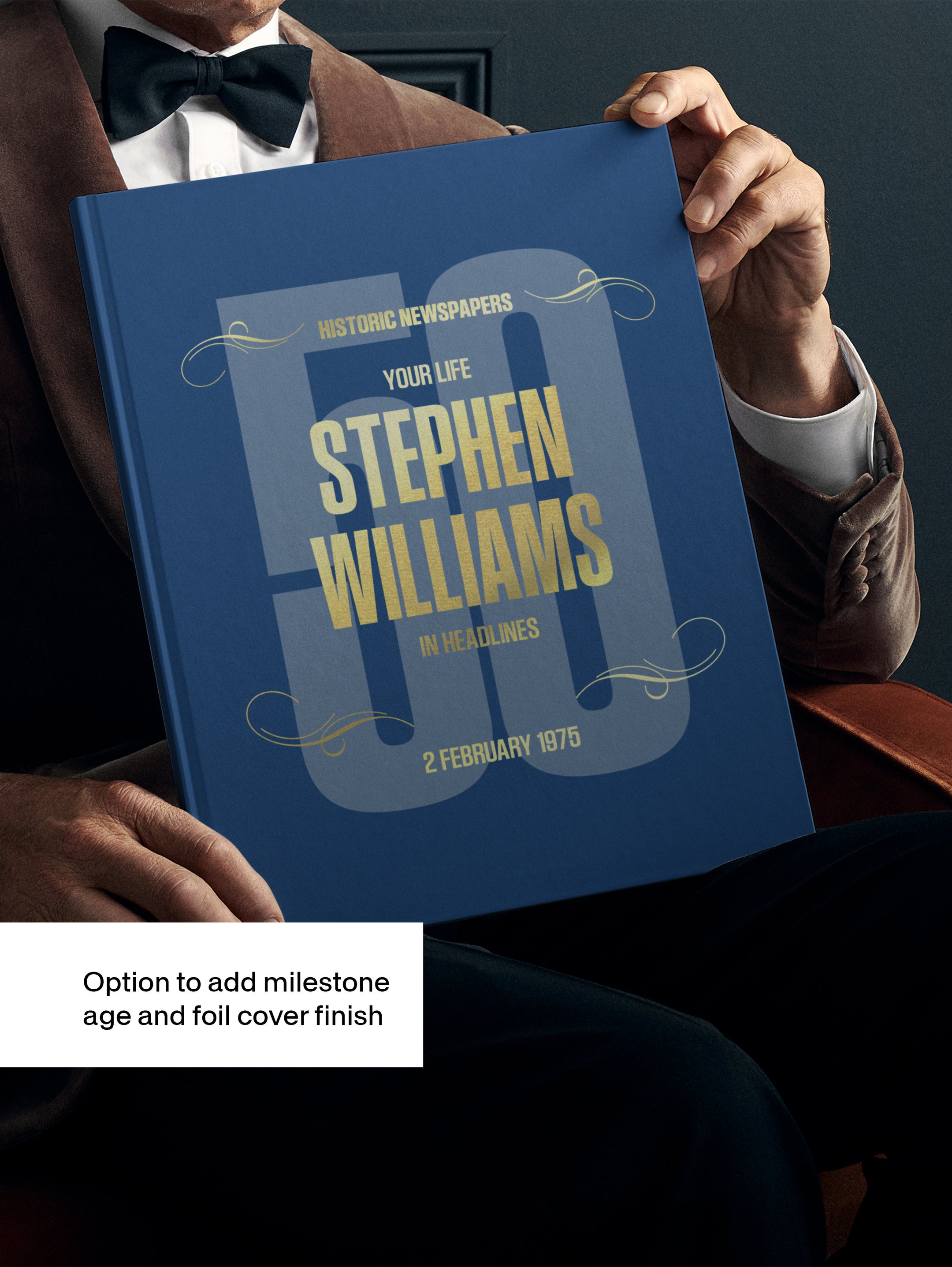 Personalised birthday newspaper book by Historic Newspapers featuring a blue foil cover and custom birthday newspaper pages.