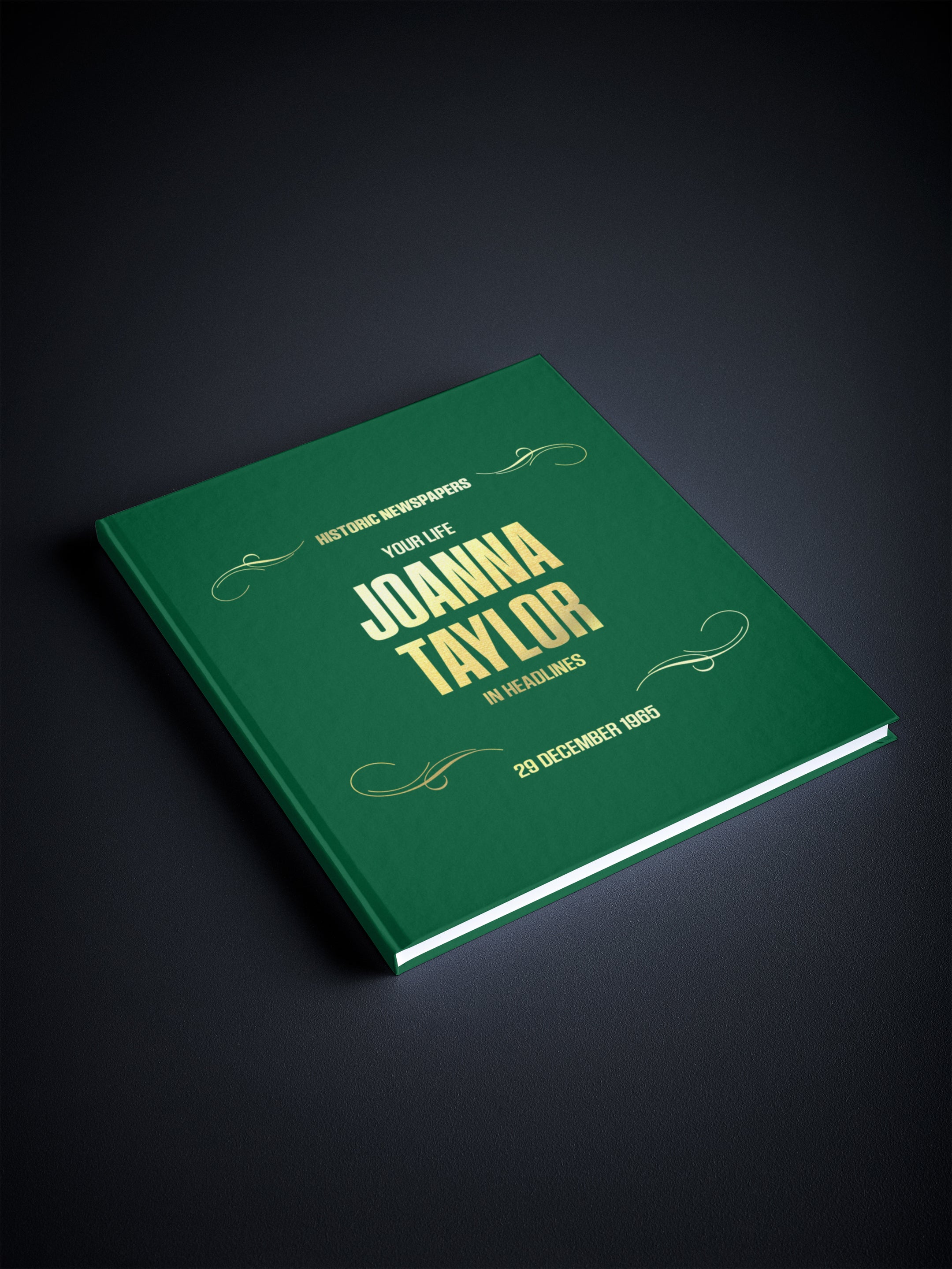 Personalised birthday newspaper book by Historic Newspapers featuring a green foil cover with custom name and date.