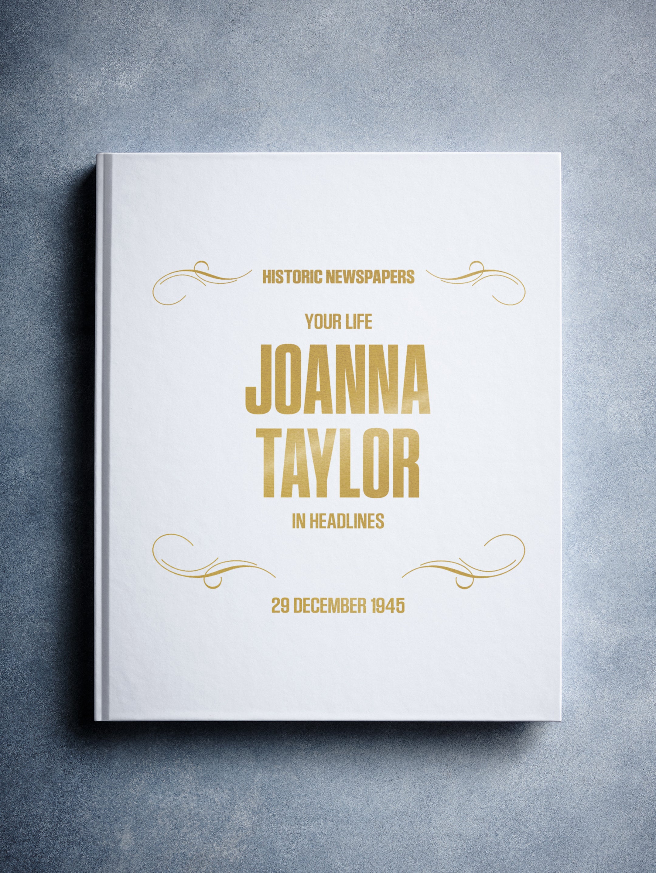 Personalised birthday newspaper book by Historic Newspapers featuring a white foil cover and custom birthday headlines.