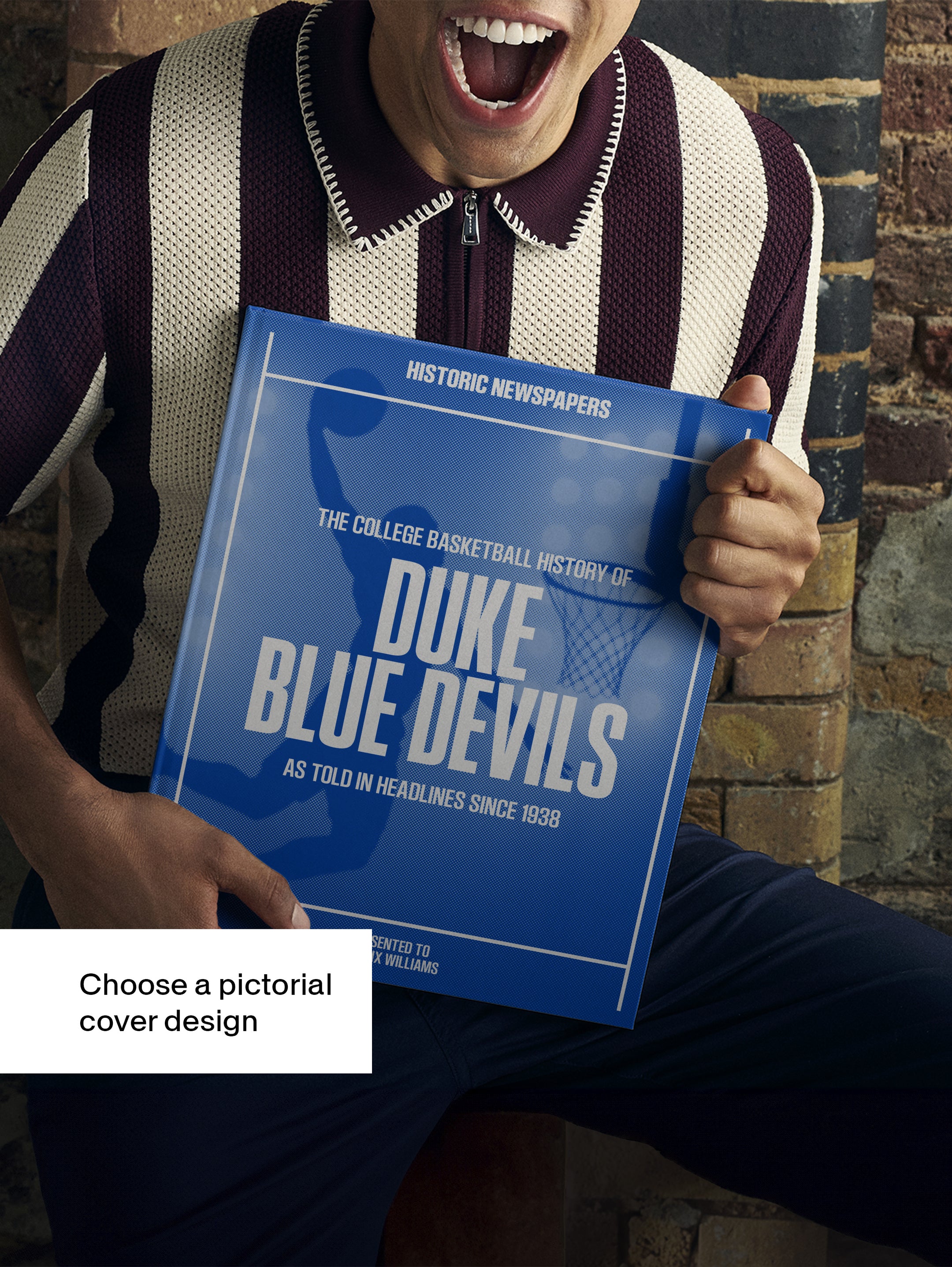 Historic Newspapers POD book featuring Duke Blue Devils college basketball history with a blue-themed cover and newspaper imagery.