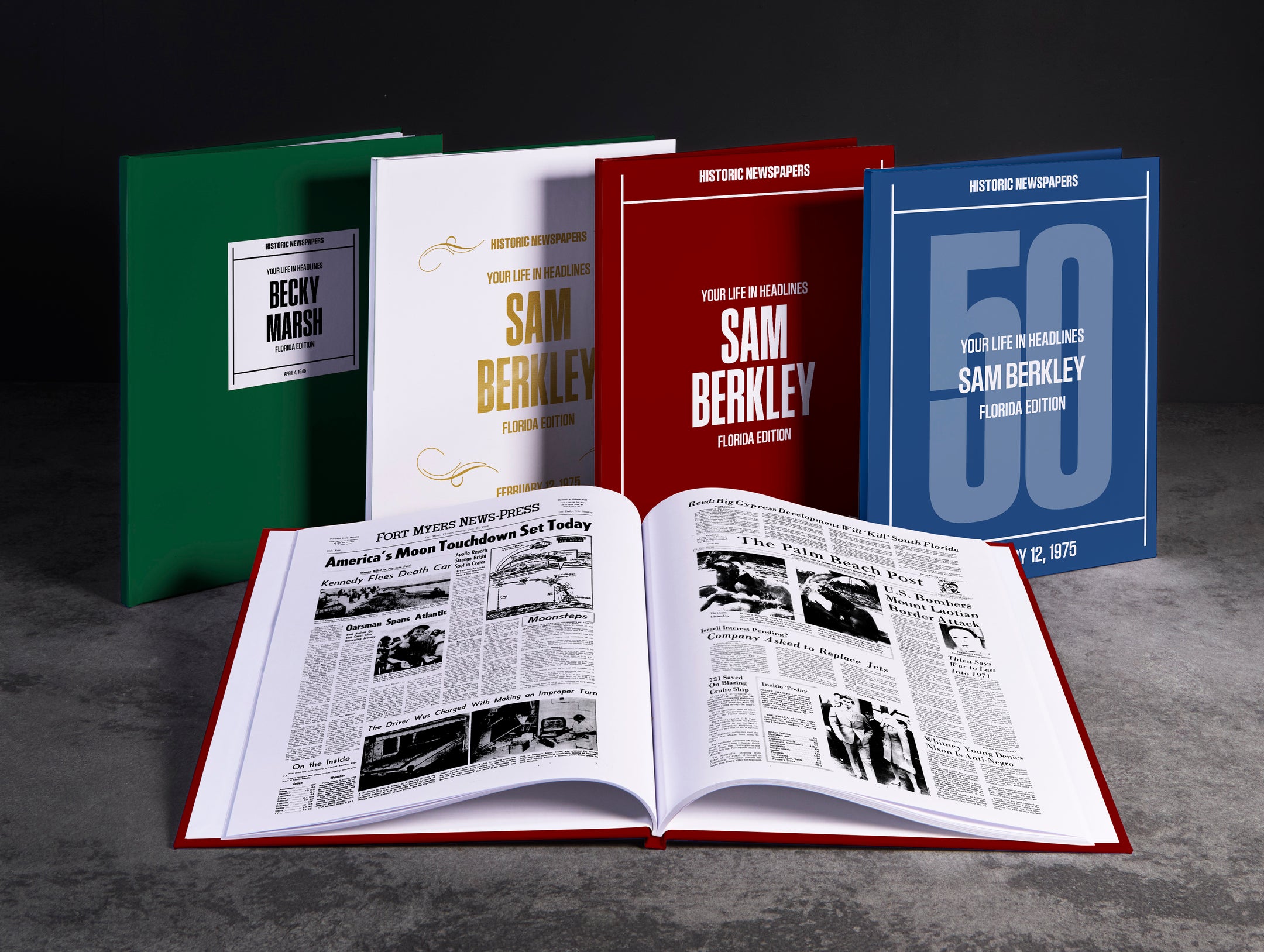 Personalized Florida Birthday Newspaper Book by Historic Newspapers, featuring vintage Florida newspaper pages for special celebrations.