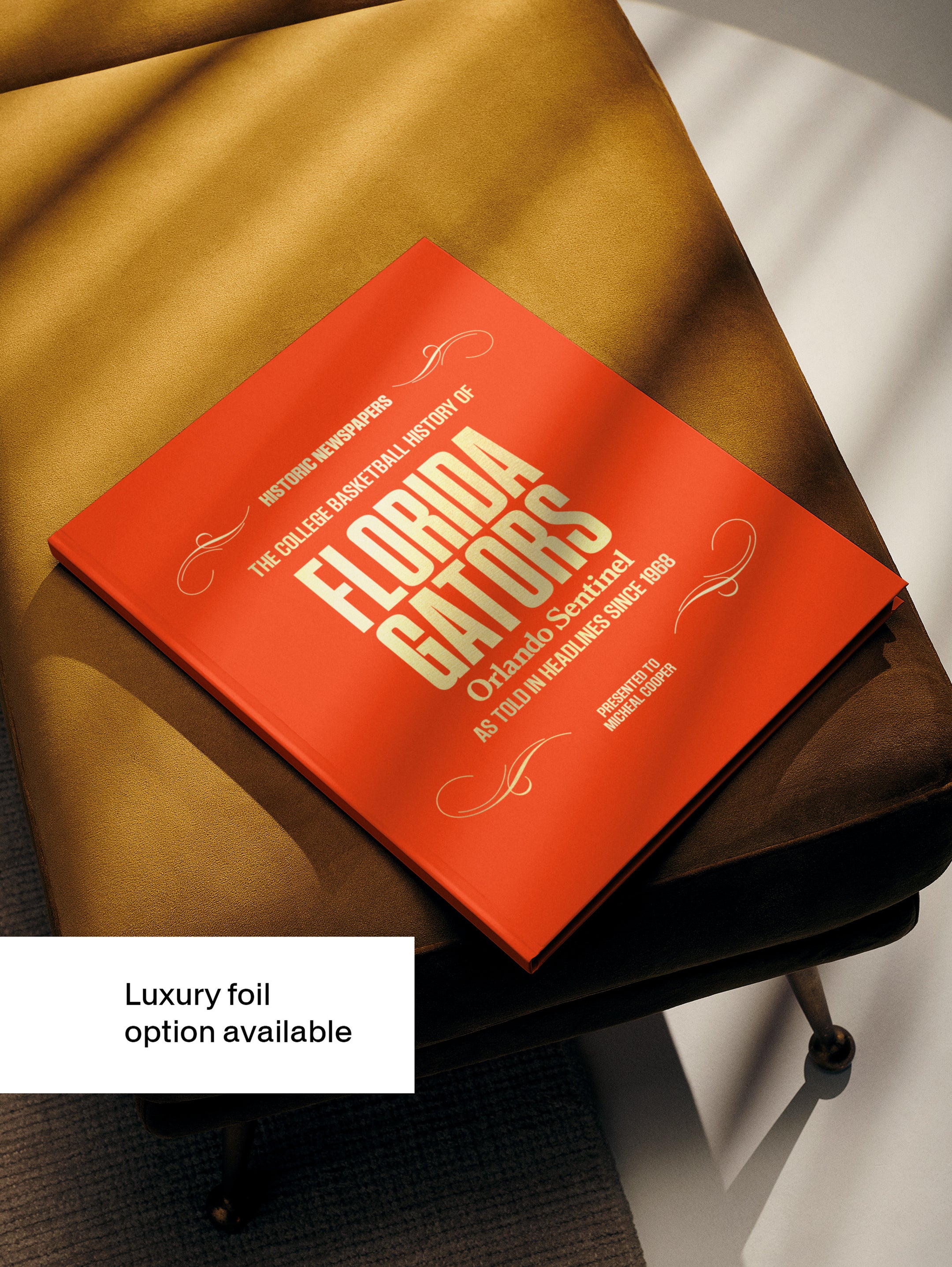 Historic Newspapers POD book featuring Florida Gators college basketball history, Orlando Sentinel edition with foil orange cover.