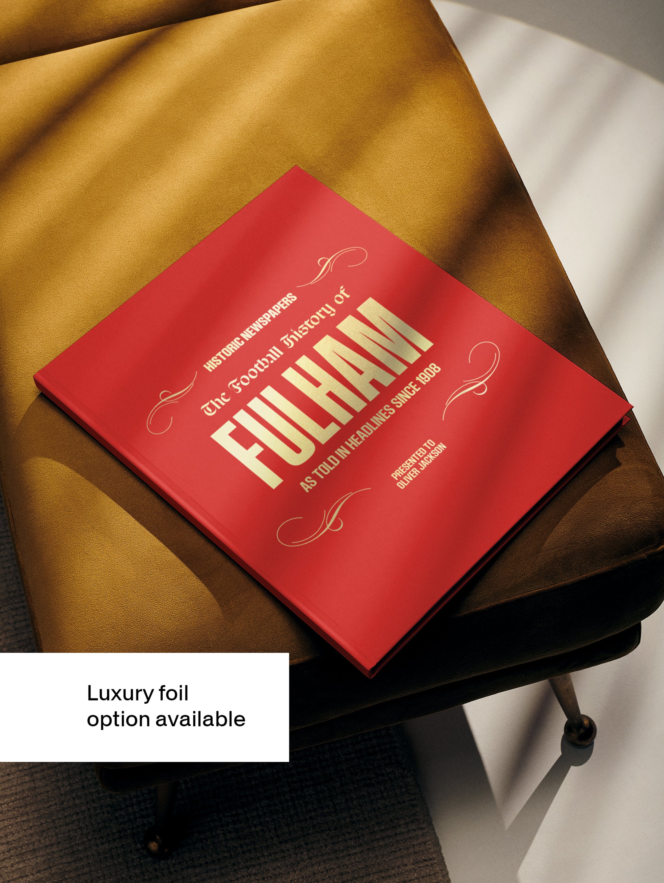 Red foil cover of The Football History of Fulham POD book by Historic Newspapers, featuring football-themed design.