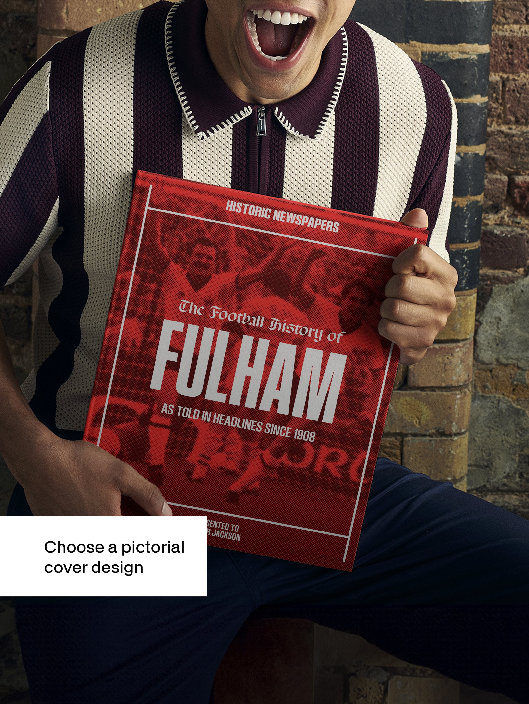 Red cover POD book titled "The Football History of Fulham" by Historic Newspapers with vintage football news images.