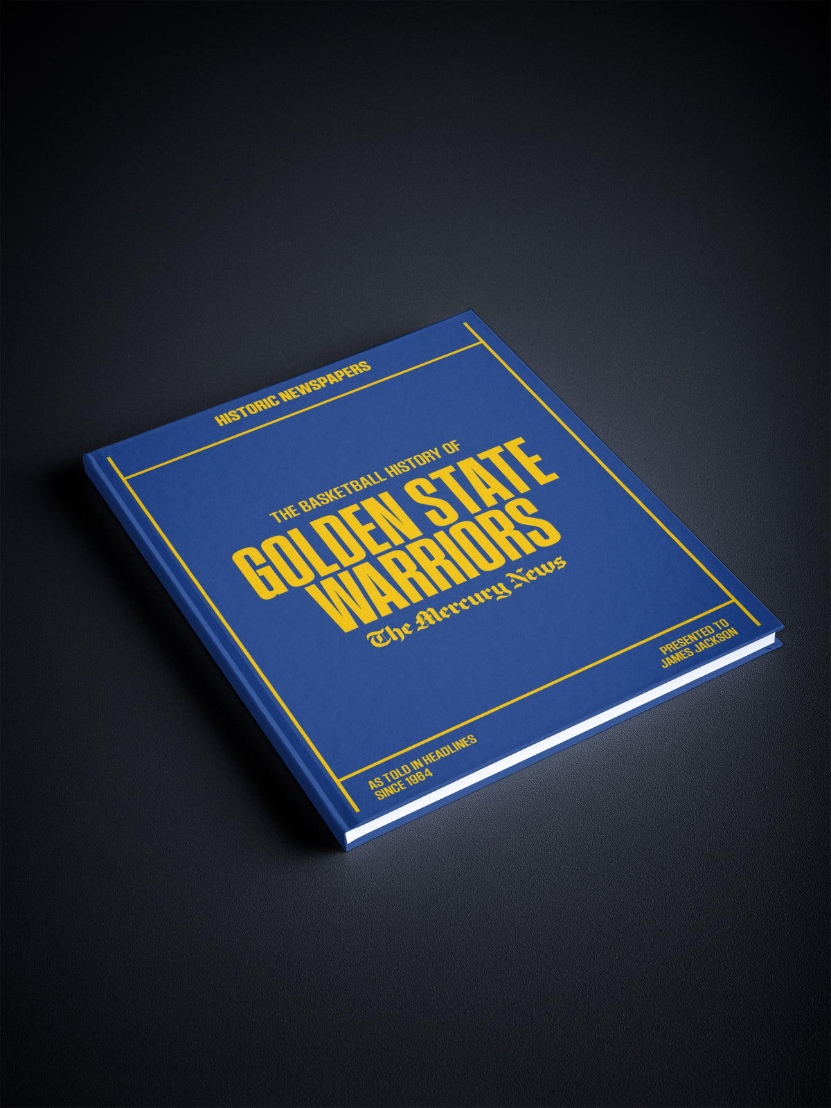 Historic Newspapers POD book titled "The Basketball History of Golden State Warriors" shown on blue background.