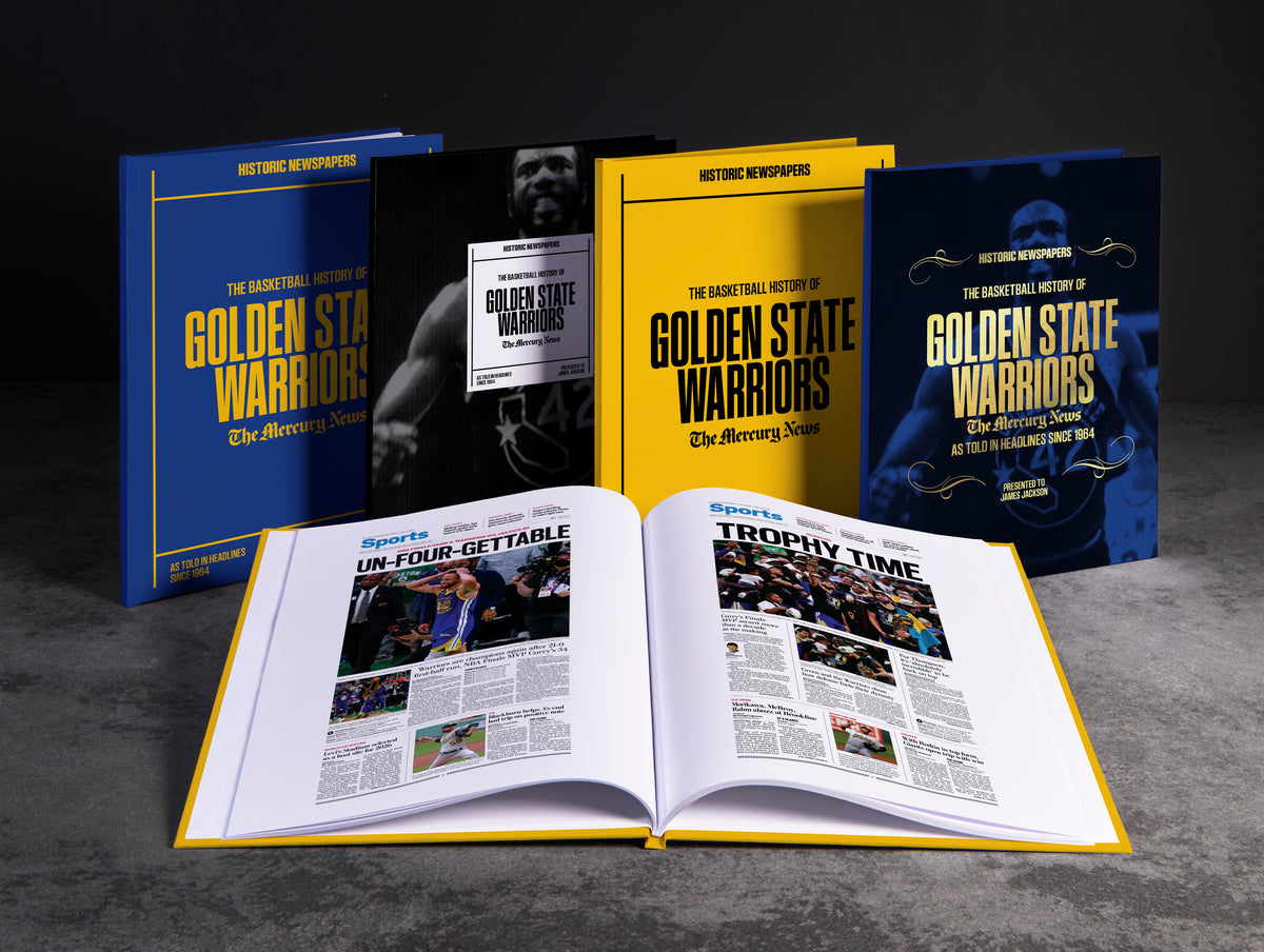 Golden State Warriors basketball history book by Historic Newspapers with foil-embossed cover, featuring vintage design and newspaper pages.
