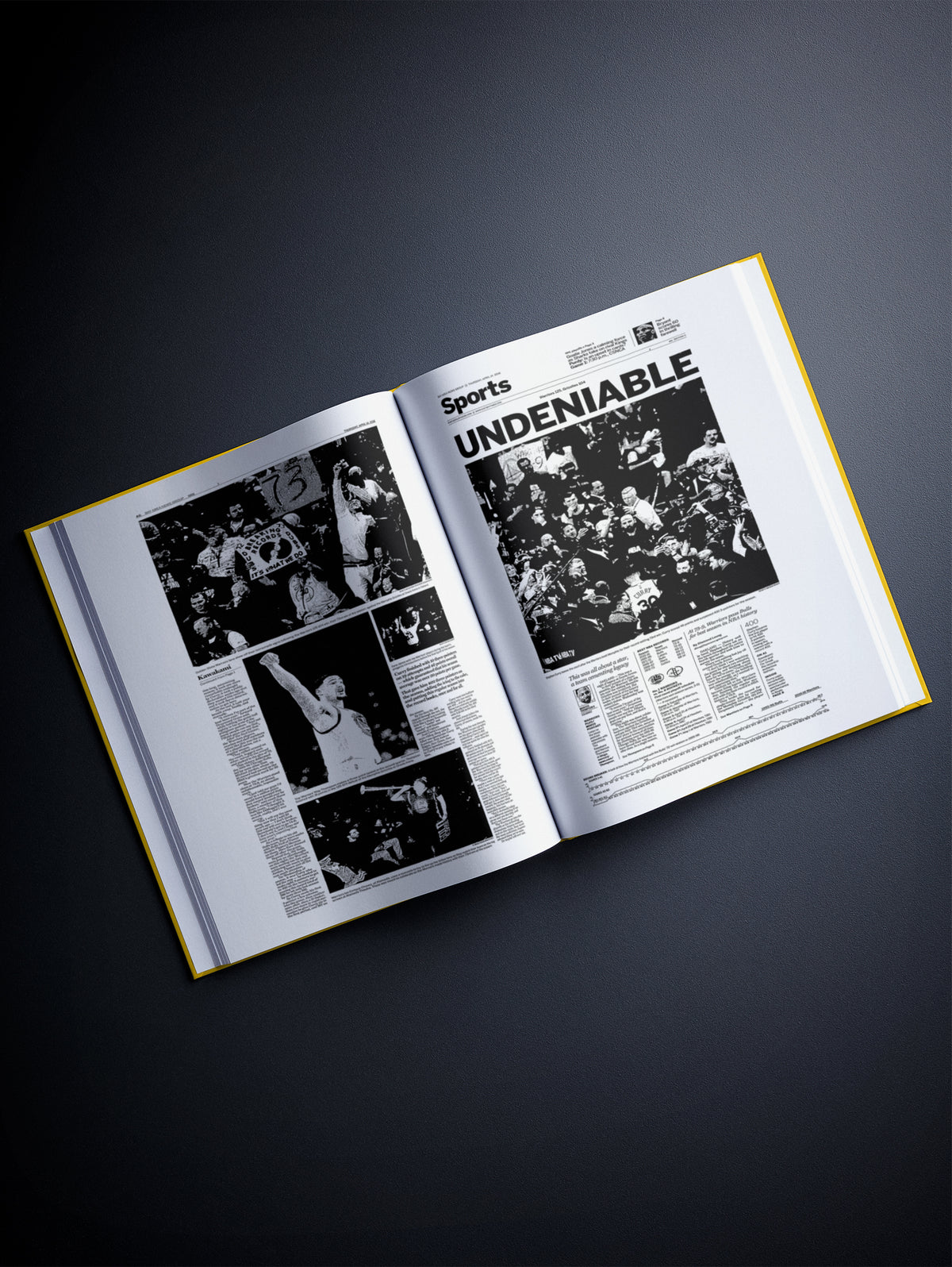 Golden State Warriors basketball history book by Historic Newspapers, featuring a yellow cover with team logo and basketball imagery.