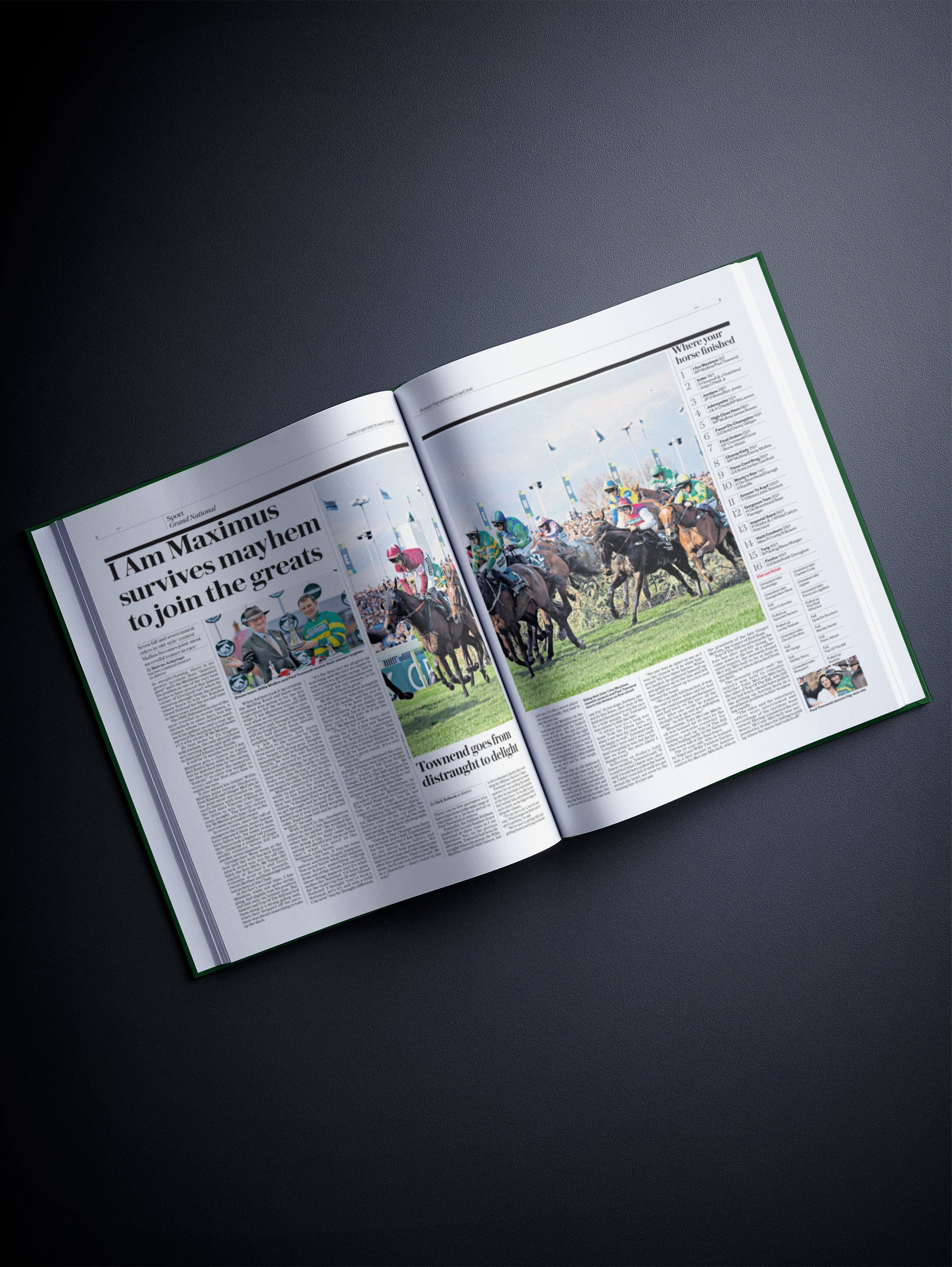 POD book titled "The History of the Grand National" by Historic Newspapers, featuring a dark green cover and newspaper spread images.