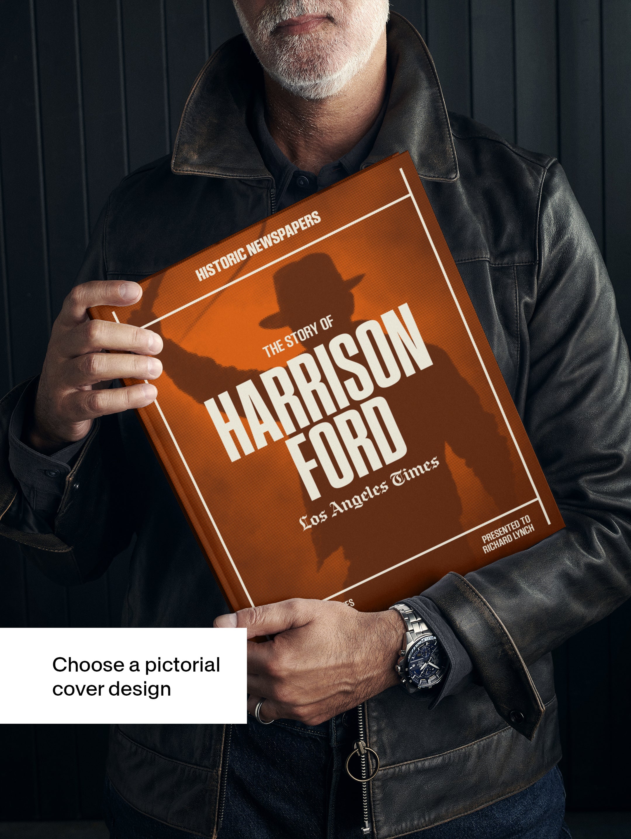 Cover of The Story of Harrison Ford Los Angeles Times Edition POD book by Historic Newspapers, featuring a photo of Harrison Ford.