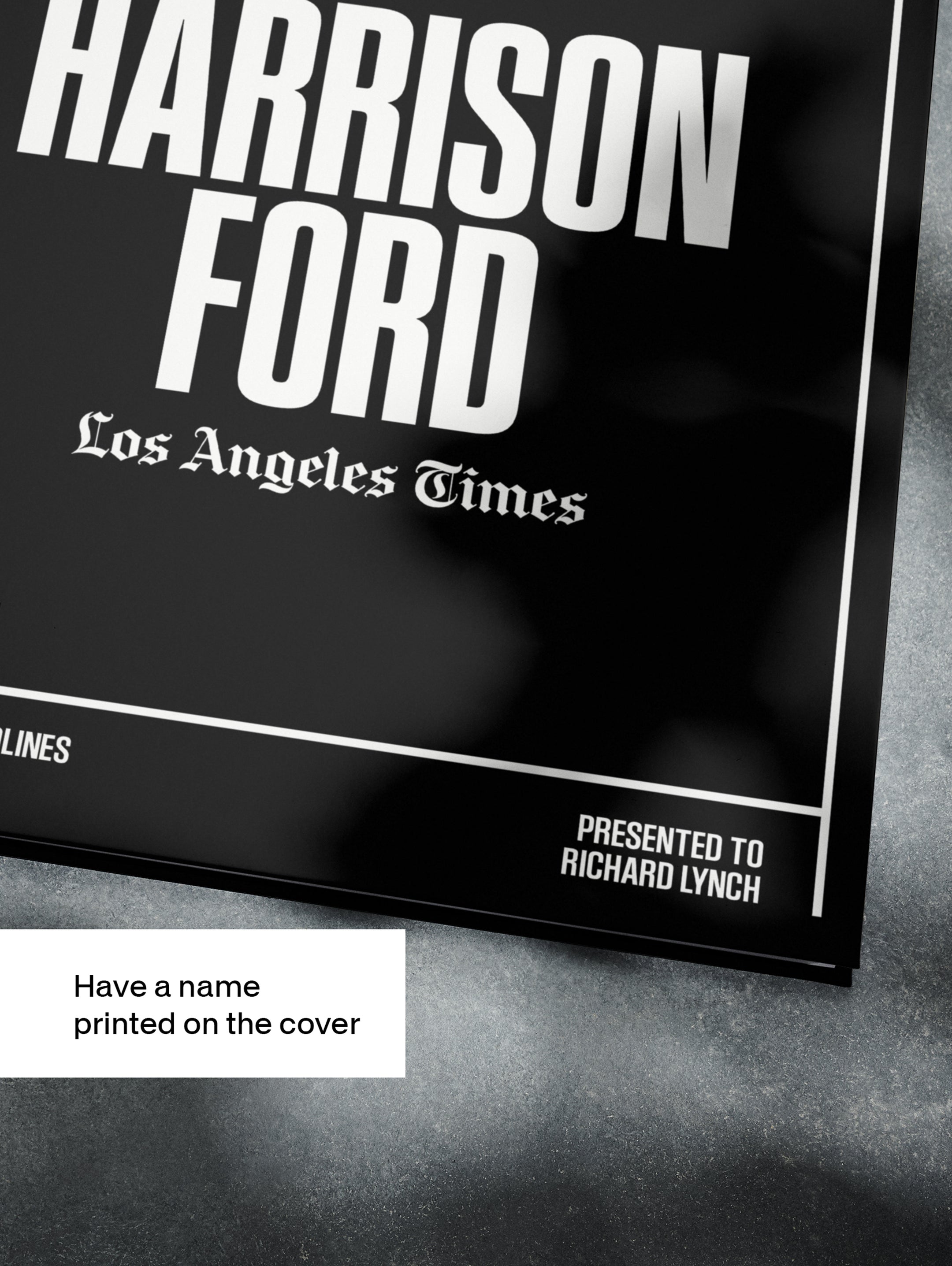 Los Angeles Times edition book about Harrison Ford by Historic Newspapers, featuring a black and white cover image of Harrison Ford.