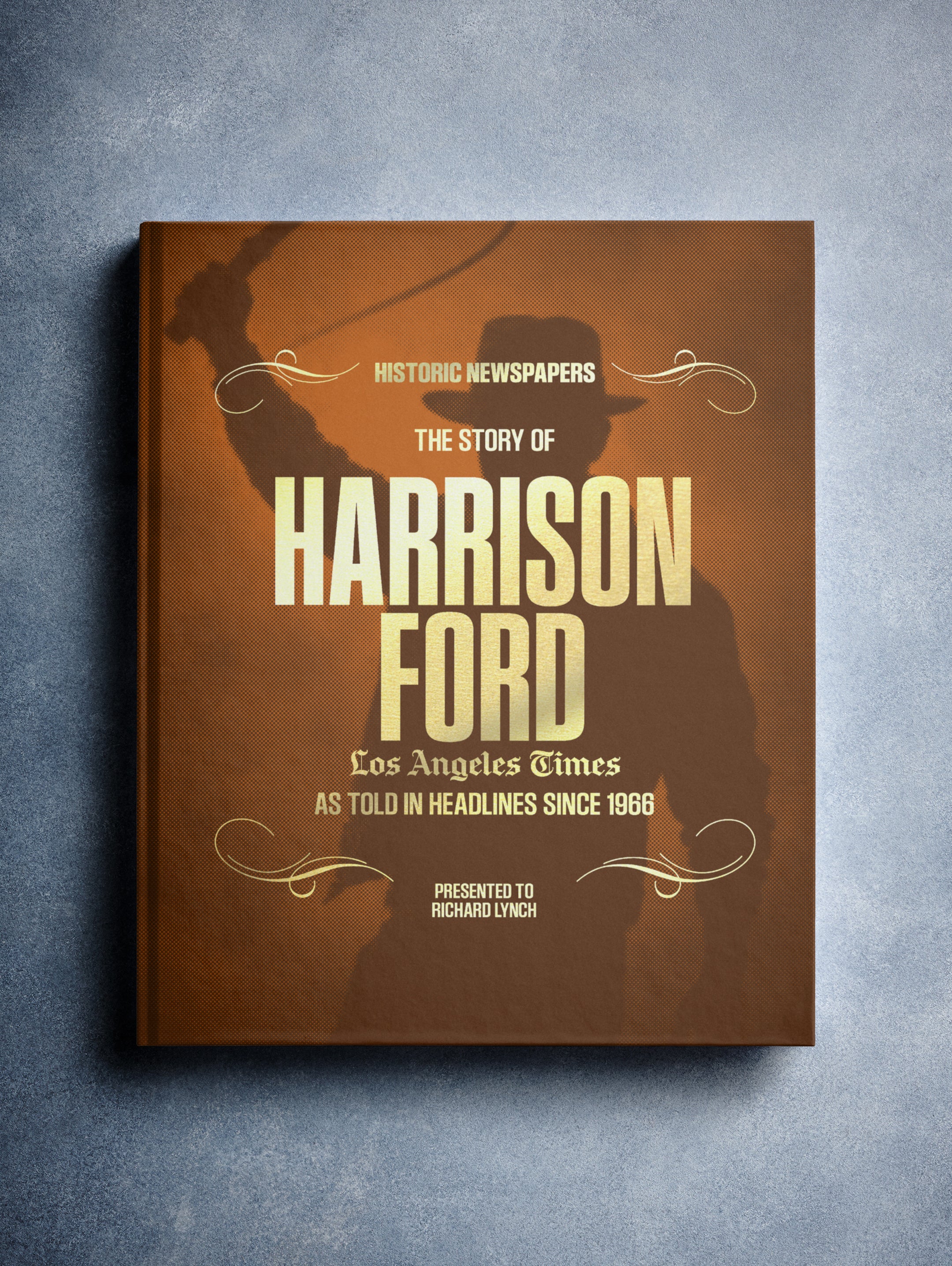 Historic Newspapers POD book titled "The Story of Harrison Ford" featuring a Los Angeles Times edition with a foil-covered cover image.