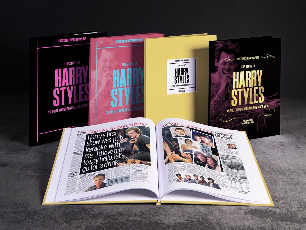 The Story of Harry Styles POD book by Historic Newspapers featuring a group image of Harry Styles with music, film, and TV themes.