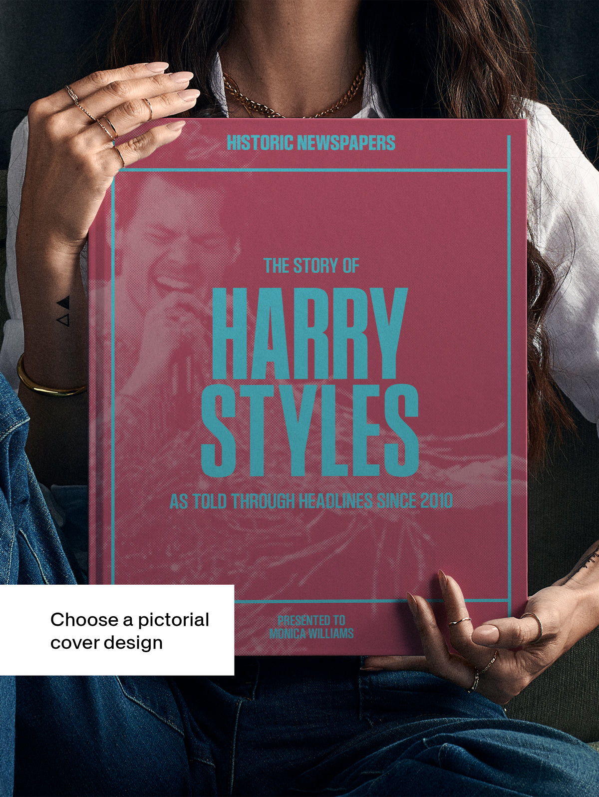 Pink image of "The Story of Harry Styles" POD book by Historic Newspapers featuring a magazine cover with Harry Styles and music themes