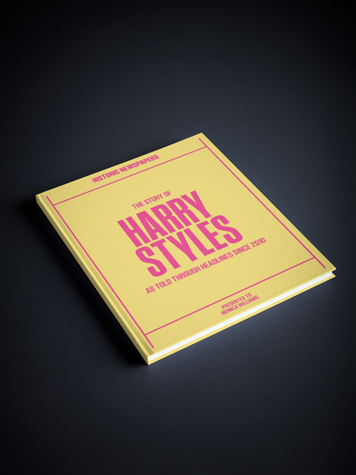 POD book titled "The Story of Harry Styles" by Historic Newspapers, featuring a yellow cover with images of Harry Styles on a newsstand.