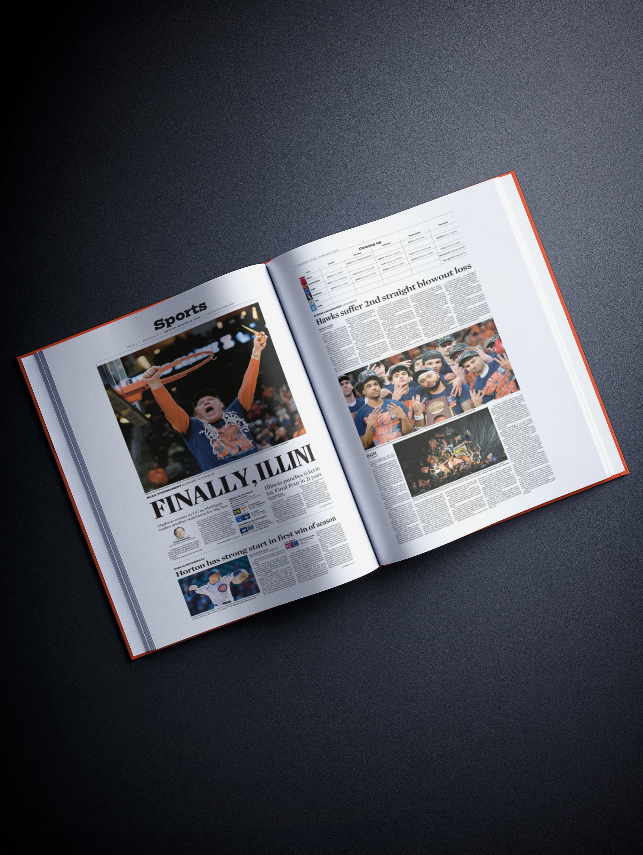 Illinois Fighting Illini college basketball history POD book by Historic Newspapers, Chicago Tribune edition with orange cover and spread images