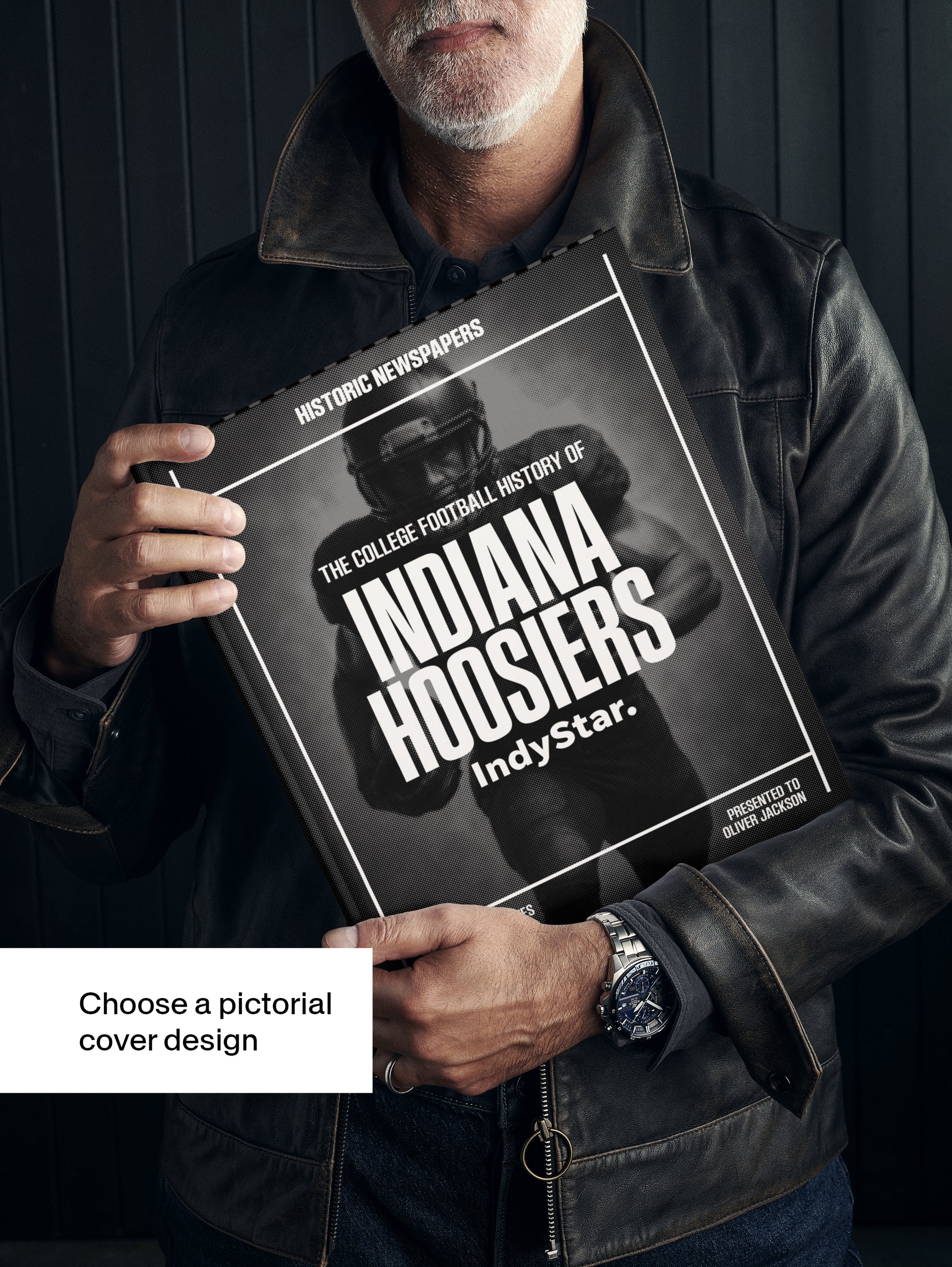 Black and white image of the Indiana Hoosiers college football history book by Historic Newspapers, featuring vintage newspaper covers.