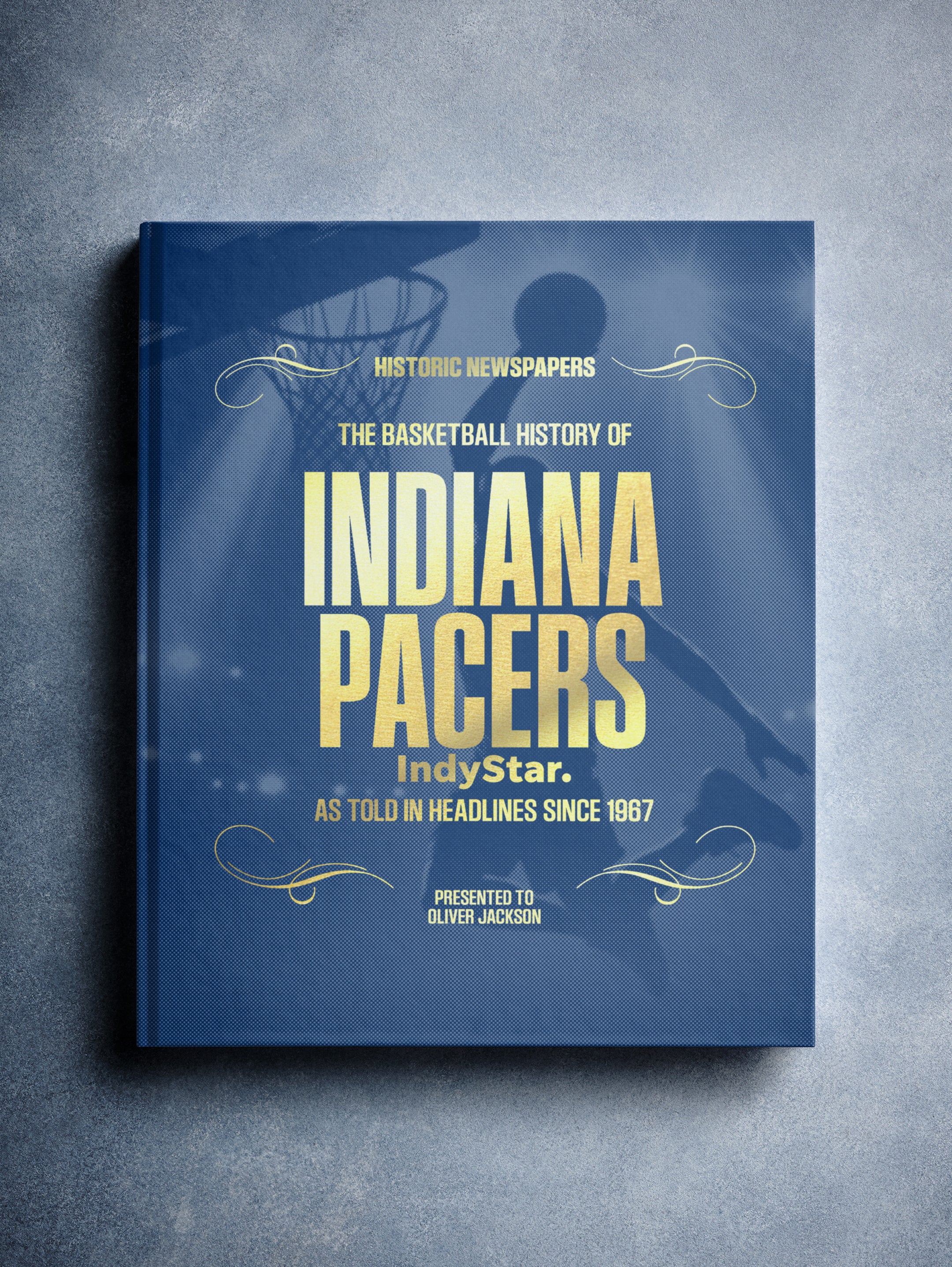 Blue foil cover of "The Basketball History of Indiana Pacers" POD book by Historic Newspapers featuring basketball imagery.