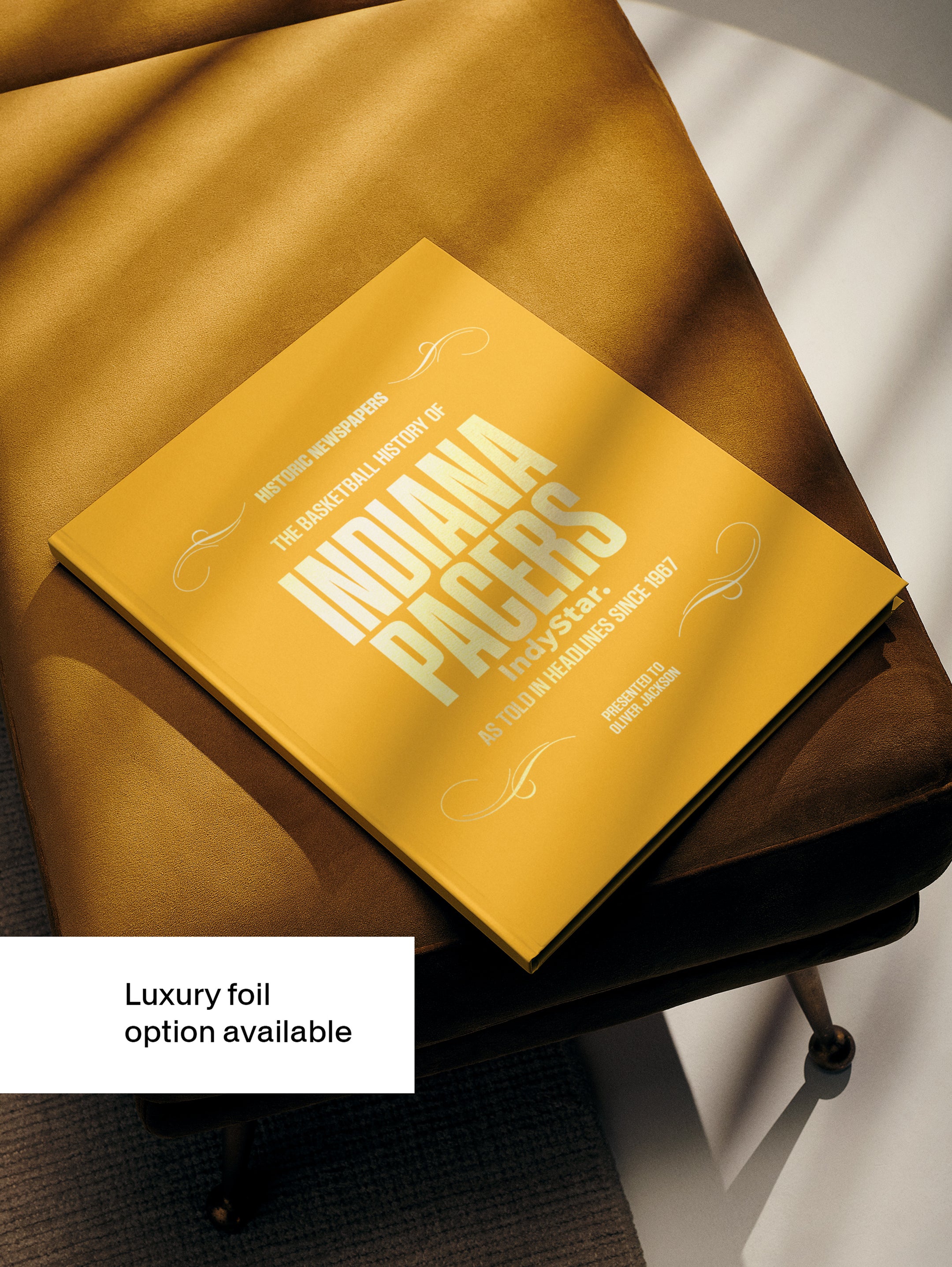 The Basketball History of Indiana Pacers POD book by Historic Newspapers with yellow foil cover and basketball graphic.
