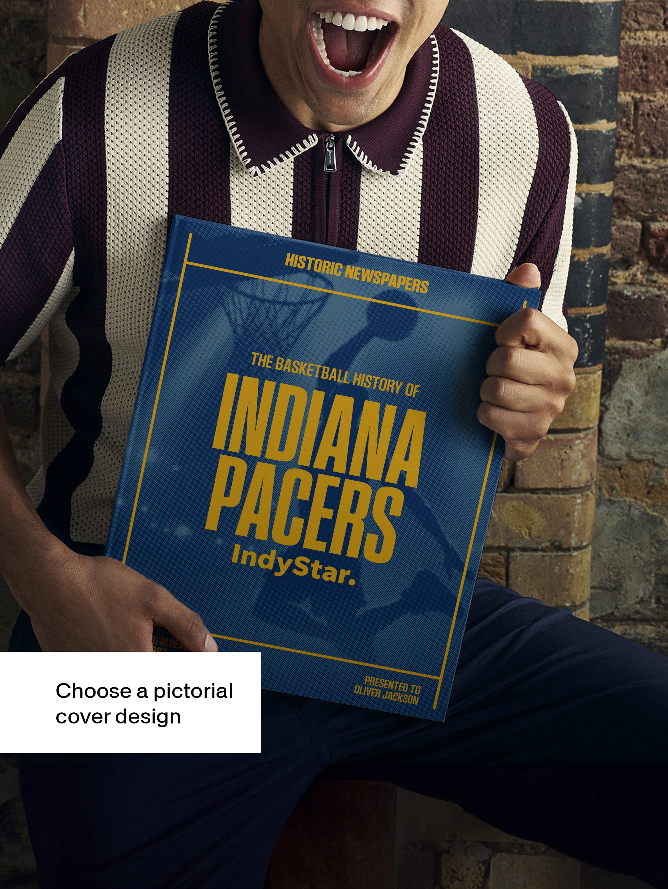 Historic Newspapers POD book titled The Basketball History of Indiana Pacers, featuring a blue cover with Pacers basketball imagery.