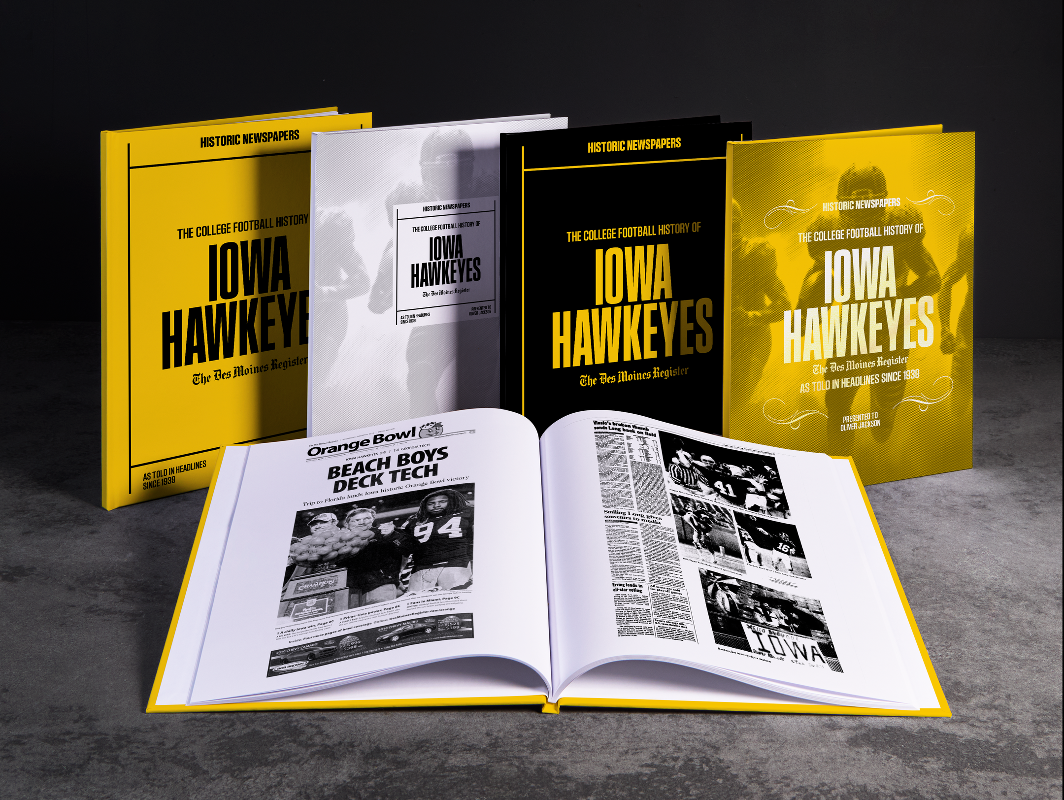 Historic Newspapers POD book cover featuring Iowa Hawkeyes college football history with team logo and vintage newspaper design.