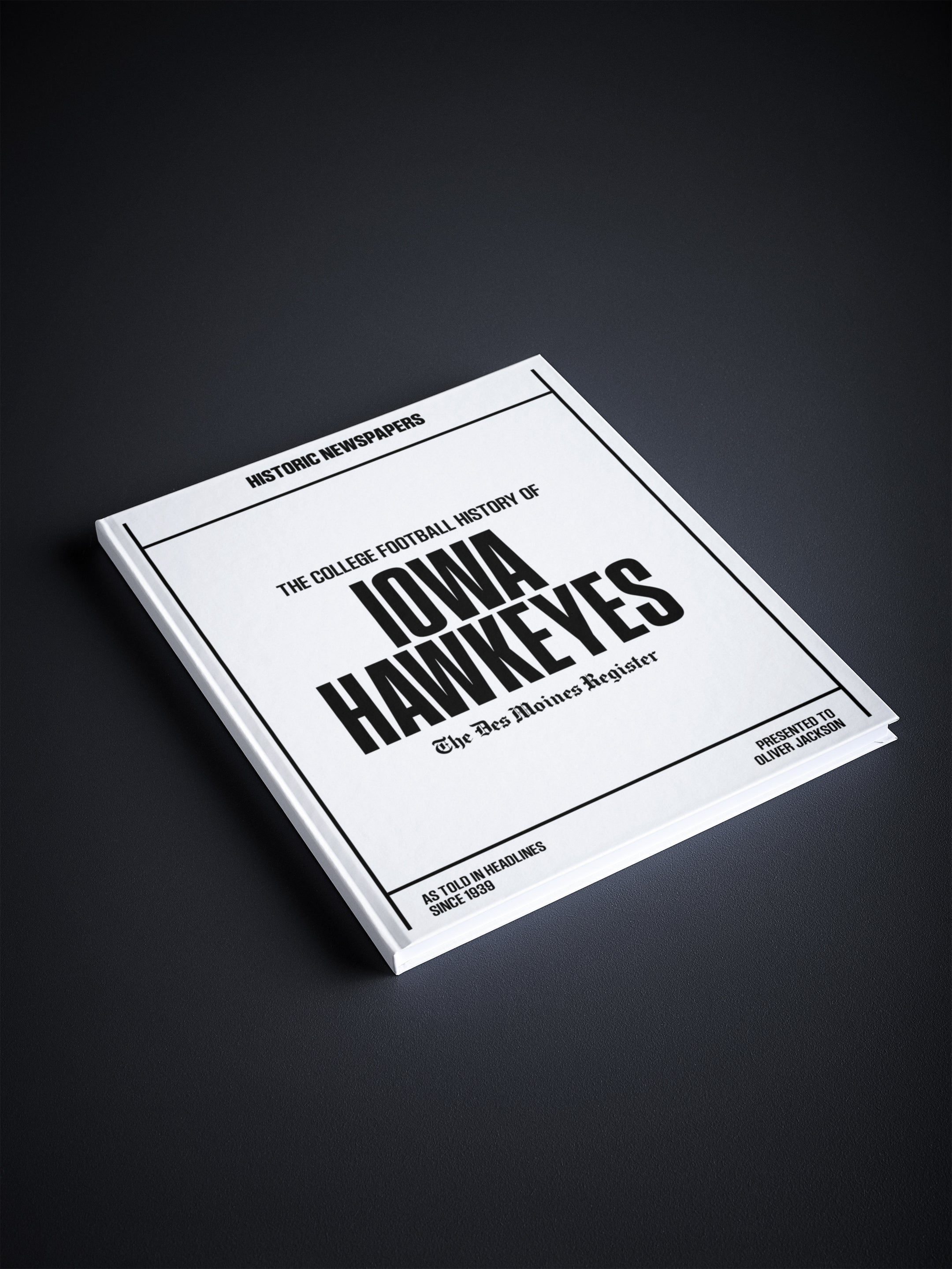 Historic Newspapers POD book titled "The College Football History of Iowa Hawkeyes" featuring a white background and vintage sports imagery.