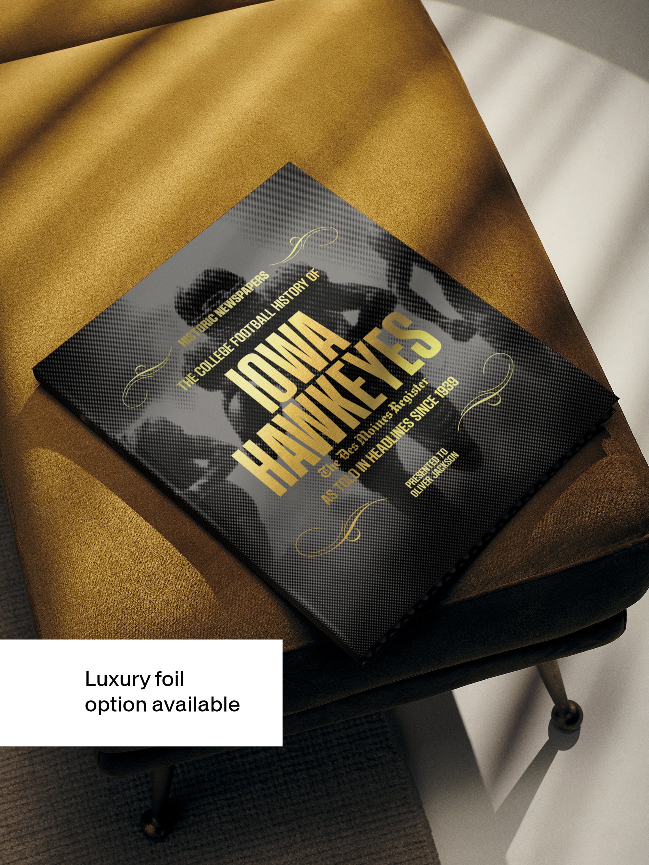 Black foil cover of "The College Football History of Iowa Hawkeyes" POD book by Historic Newspapers with pictorial design.