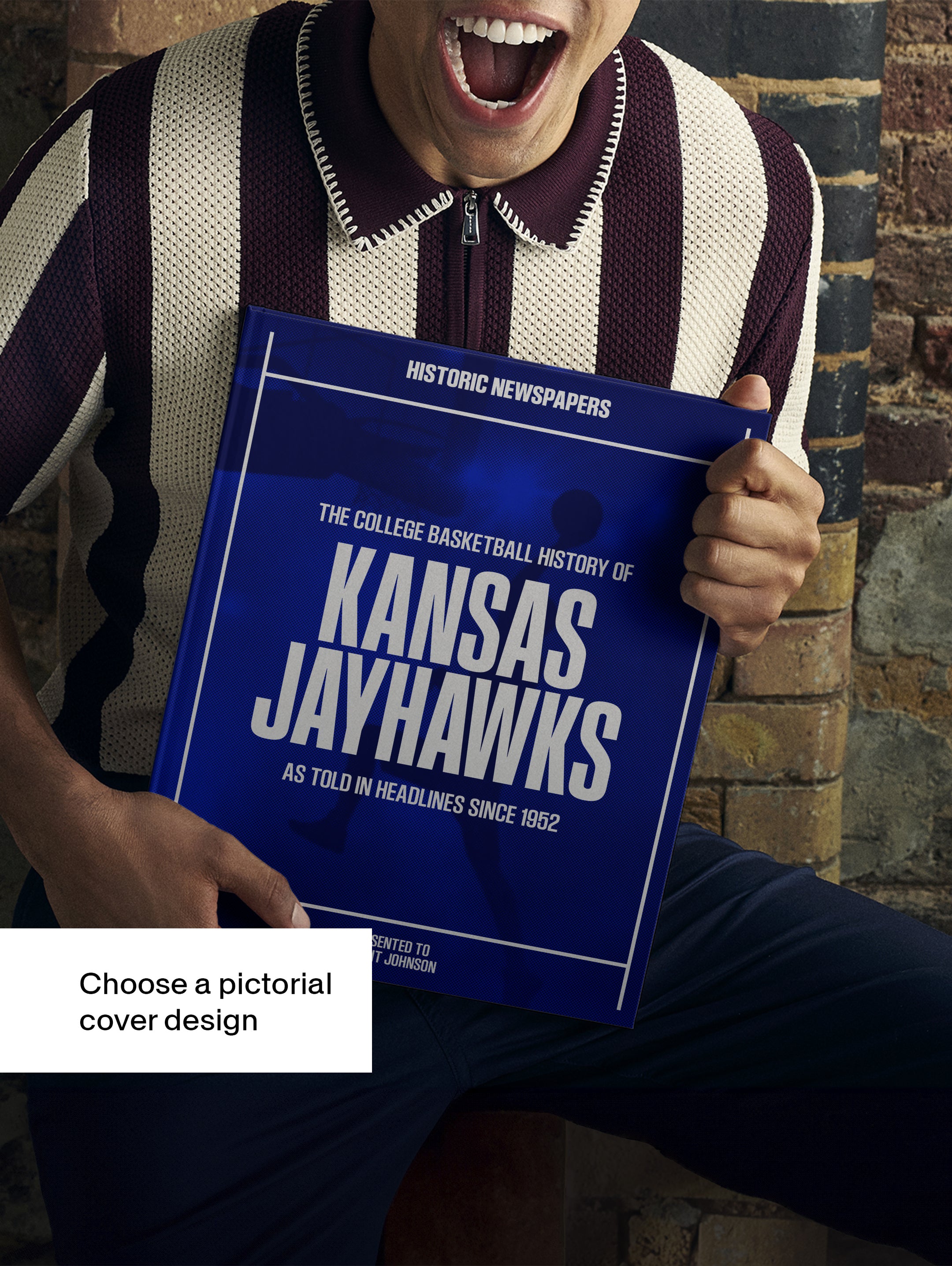 Historic Newspapers POD book cover titled "The College Basketball History of Kansas Jayhawks" featuring a blue-themed design and basketball imagery.