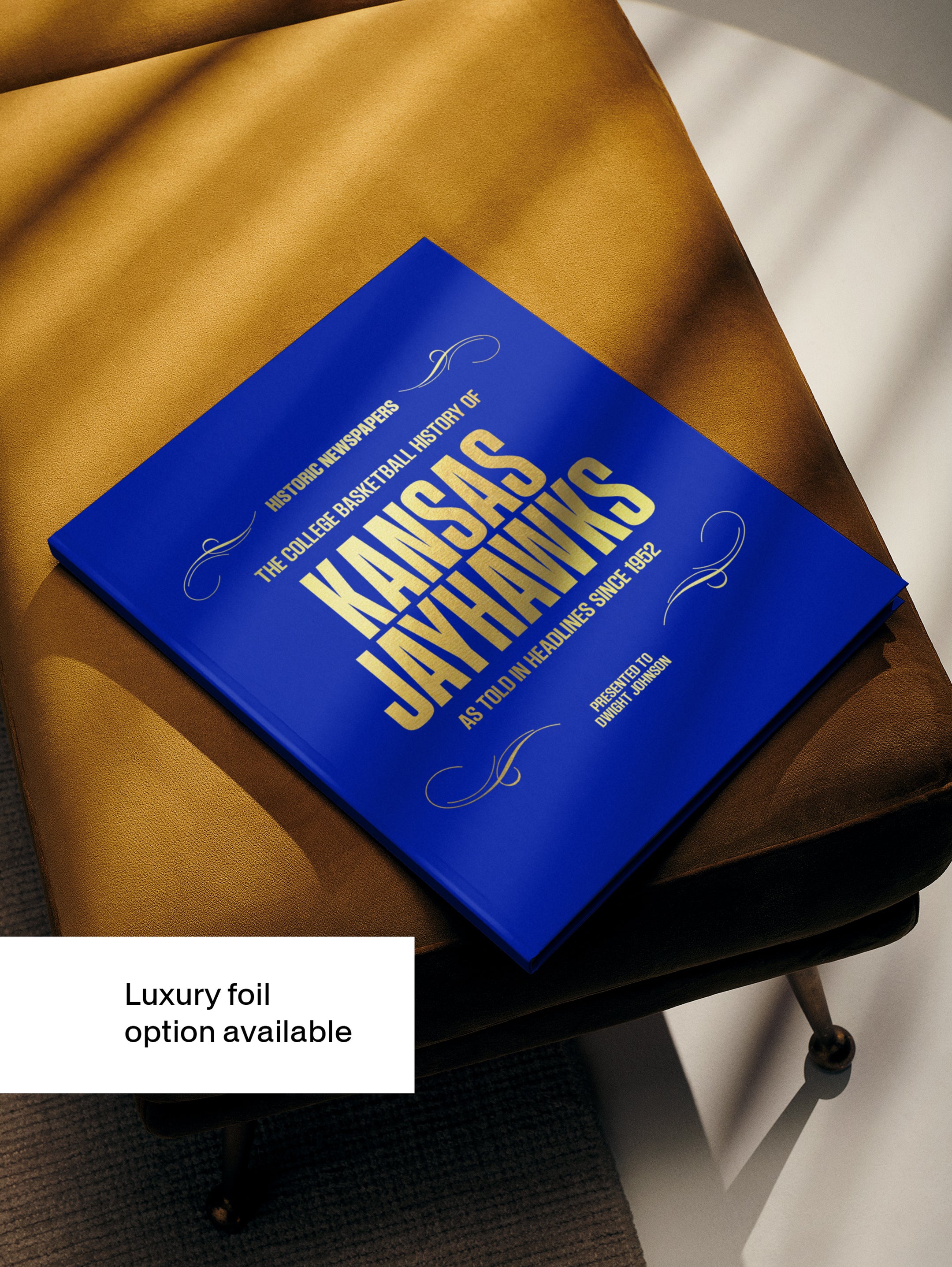 Historic Newspapers college basketball POD book featuring Kansas Jayhawks history with blue foil cover and vintage newspaper design.