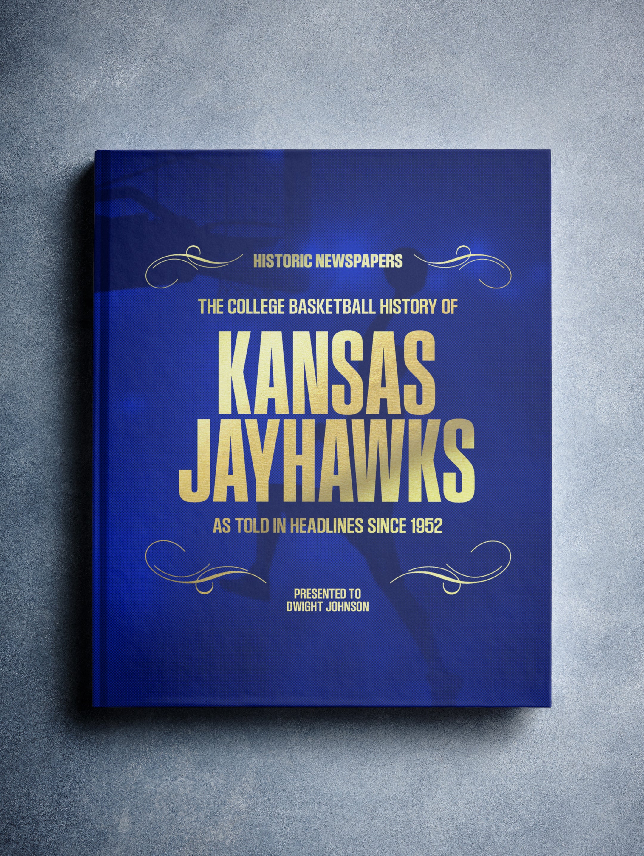 Historic Newspapers POD book featuring Kansas Jayhawks college basketball history with a blue foil image on the cover.