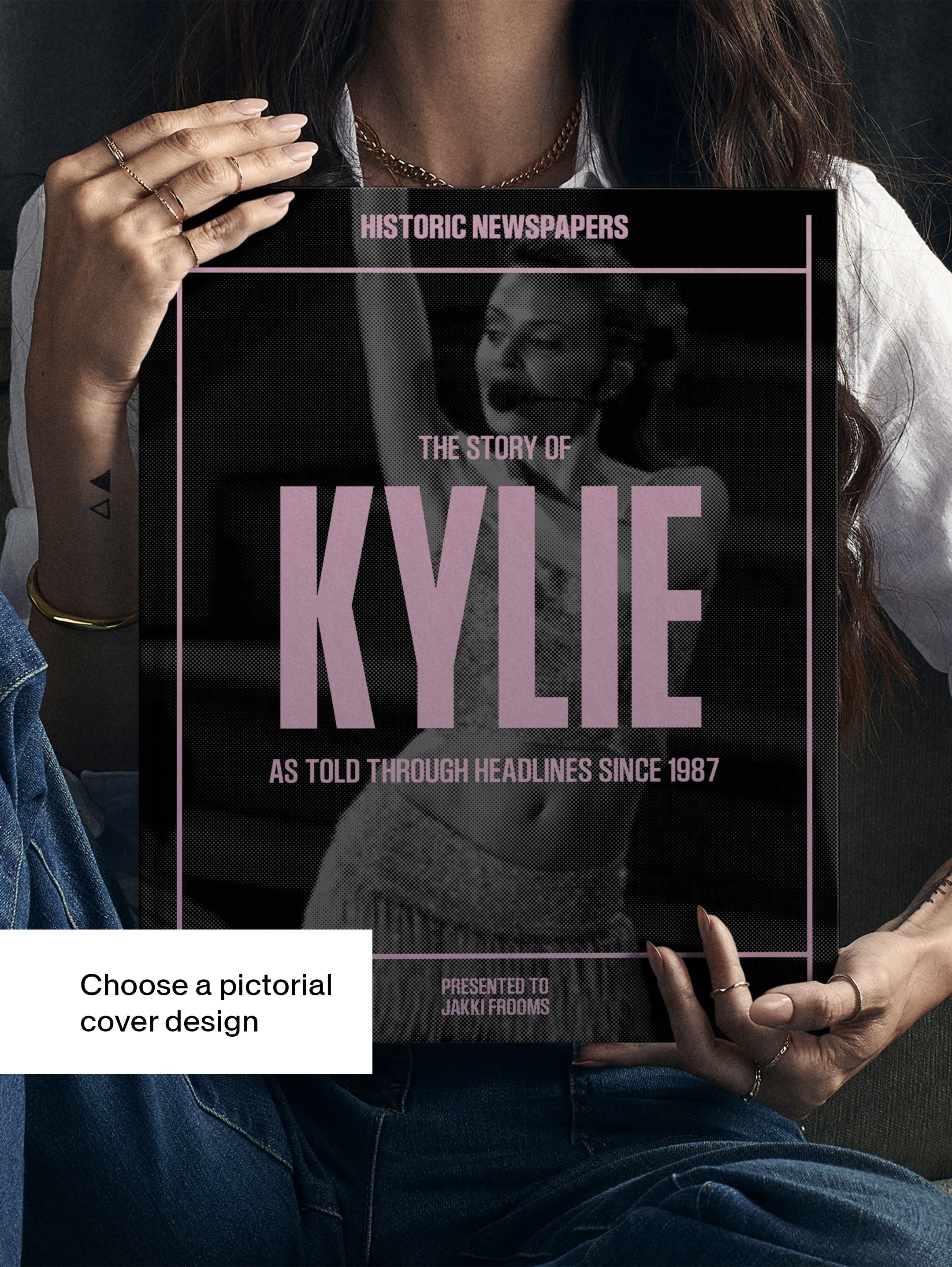 Cover of "The Story of Kylie" POD book by Historic Newspapers, featuring a black-and-white image of Kylie on the newsstand.