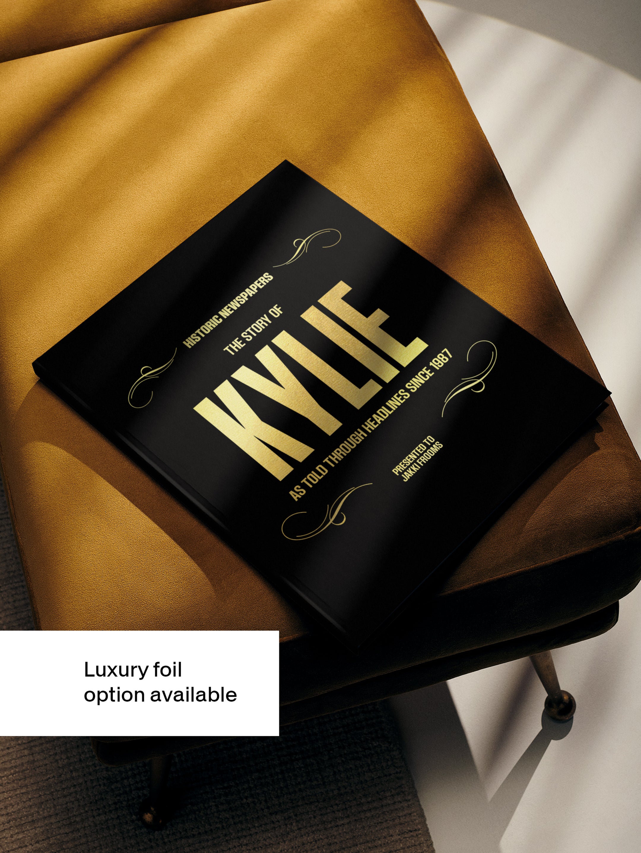 The Story of Kylie POD book by Historic Newspapers, featuring a black cover with foil accents and a music and TV newsstand theme.
