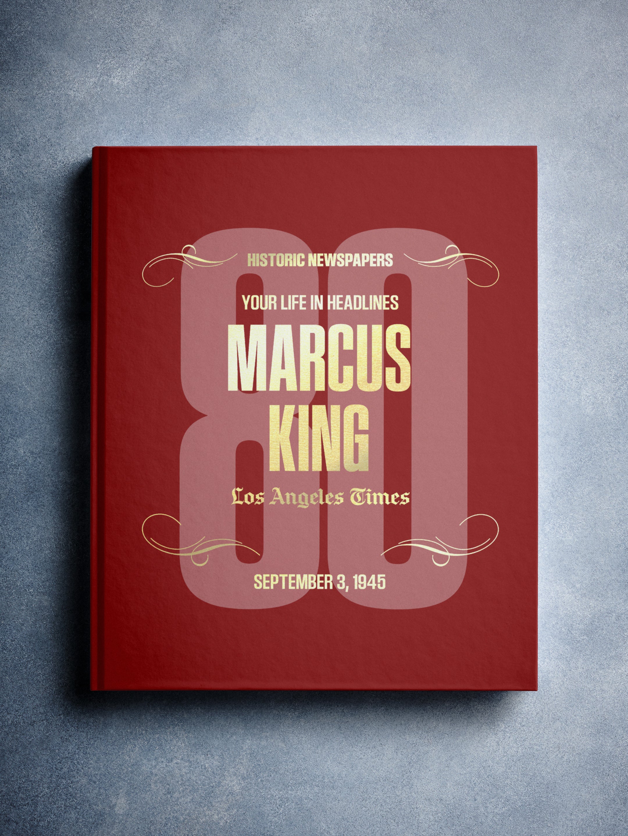 Personalized Los Angeles Times birthday newspaper book by Historic Newspapers, featuring a maroon cover and foil lettering.