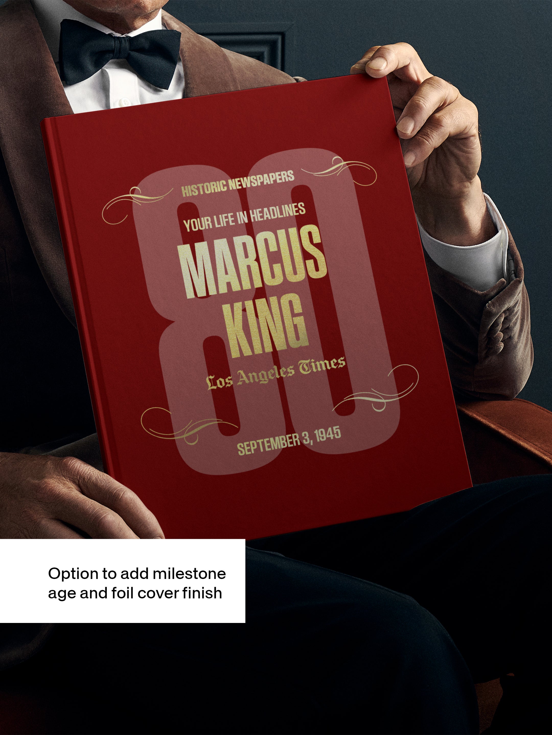 Personalized Los Angeles Times birthday newspaper book by Historic Newspapers with maroon cover and milestone design.