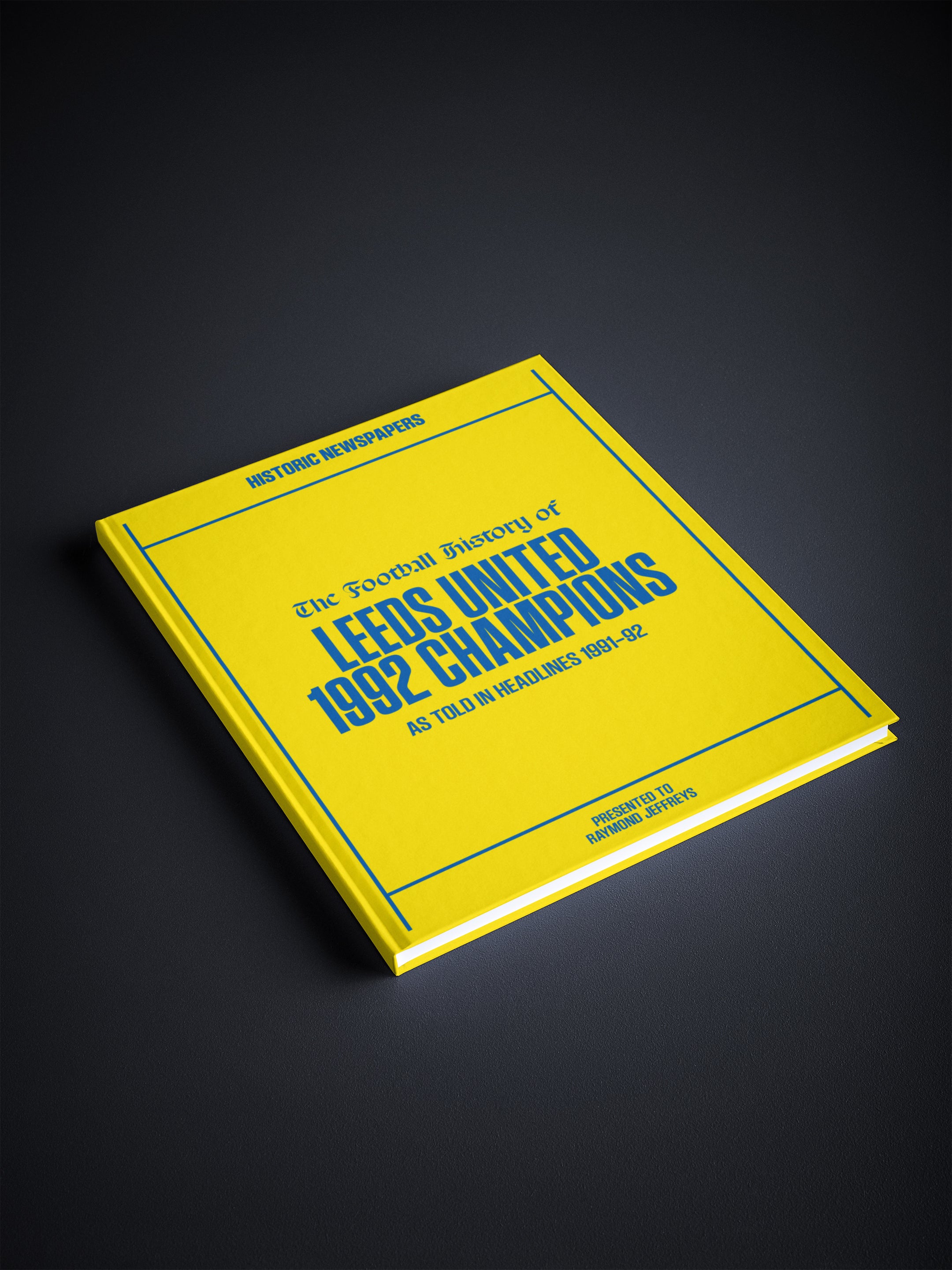 Historical Leeds United 1992 League Champions POD book featuring vintage football newspaper pages on a yellow background.