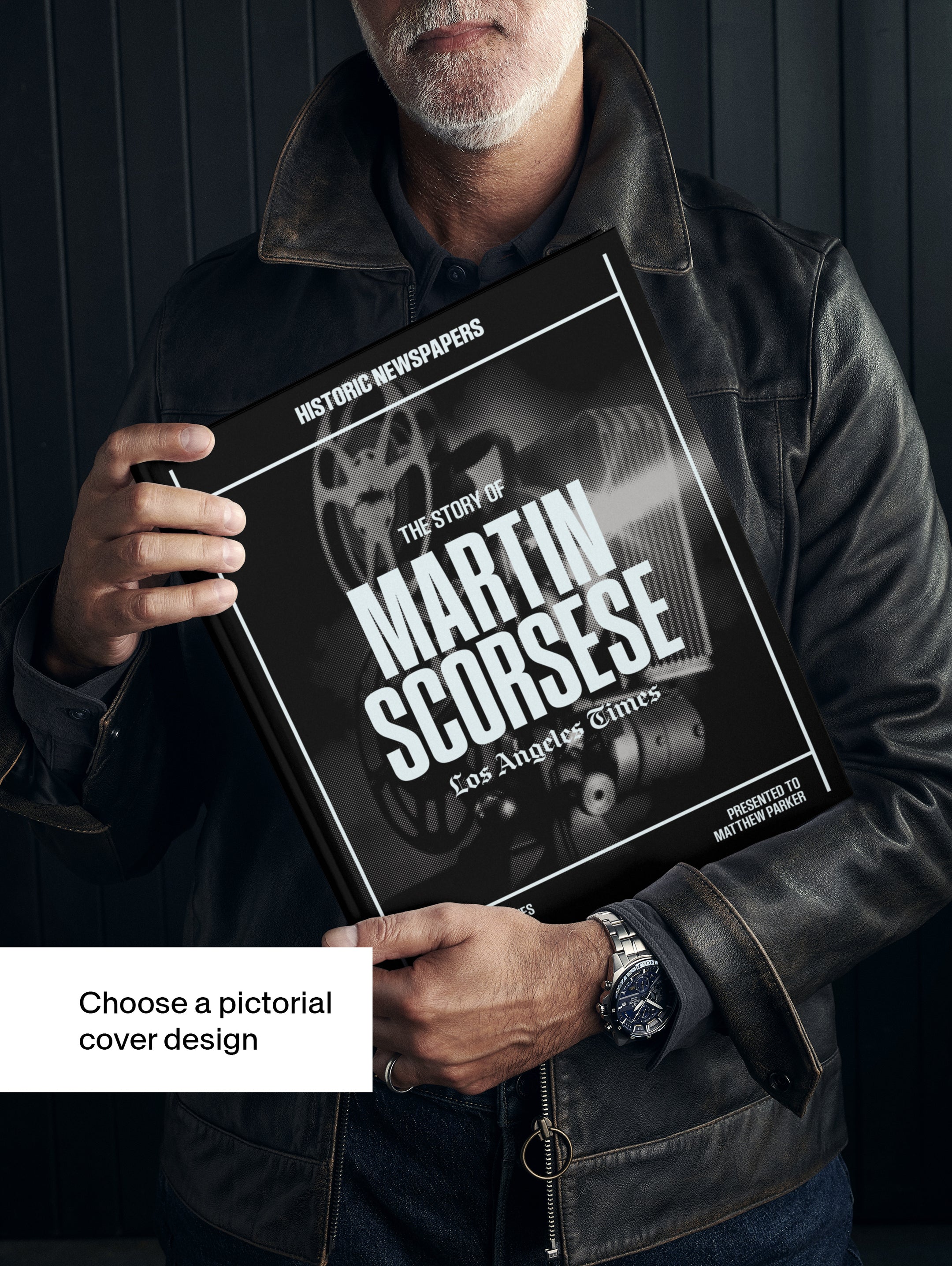 Black and white cover of The Story of Martin Scorsese POD book by Historic Newspapers, featuring a portrait of Martin Scorsese.